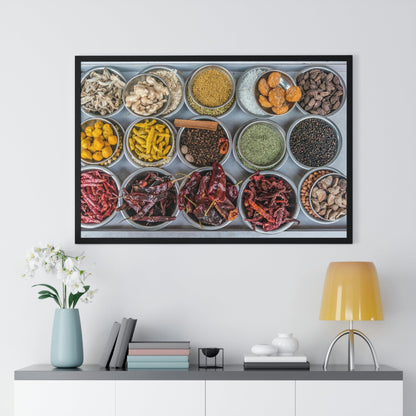 Premium Framed Horizontal Poster - Printed in LATVIA - Bowls filled with spices at a vendors stall in the largest spice market in Asia, the Khari Baoli section of Old Delhi - INDIA - Green Forest Home