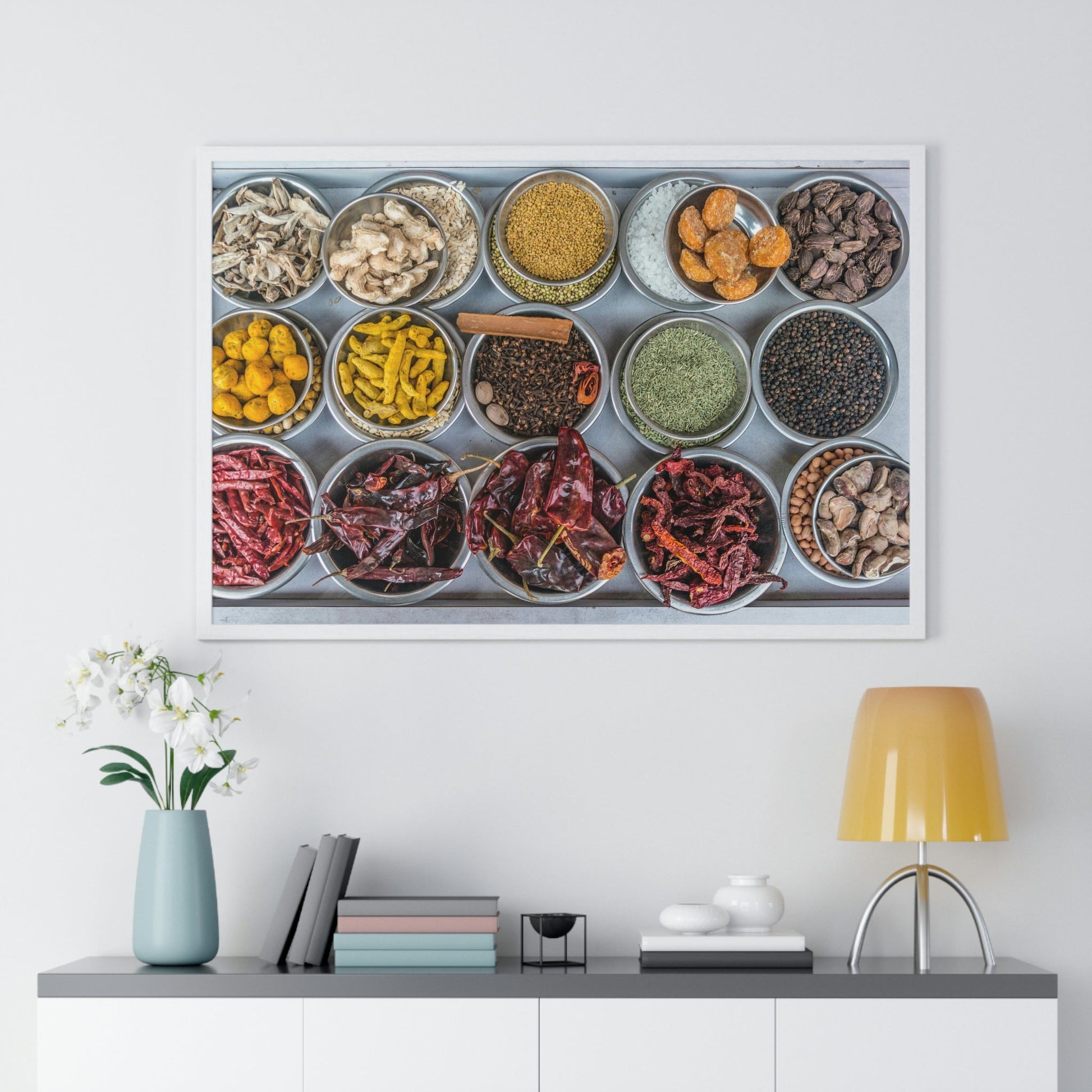 Premium Framed Horizontal Poster - Printed in LATVIA - Bowls filled with spices at a vendors stall in the largest spice market in Asia, the Khari Baoli section of Old Delhi - INDIA - Green Forest Home