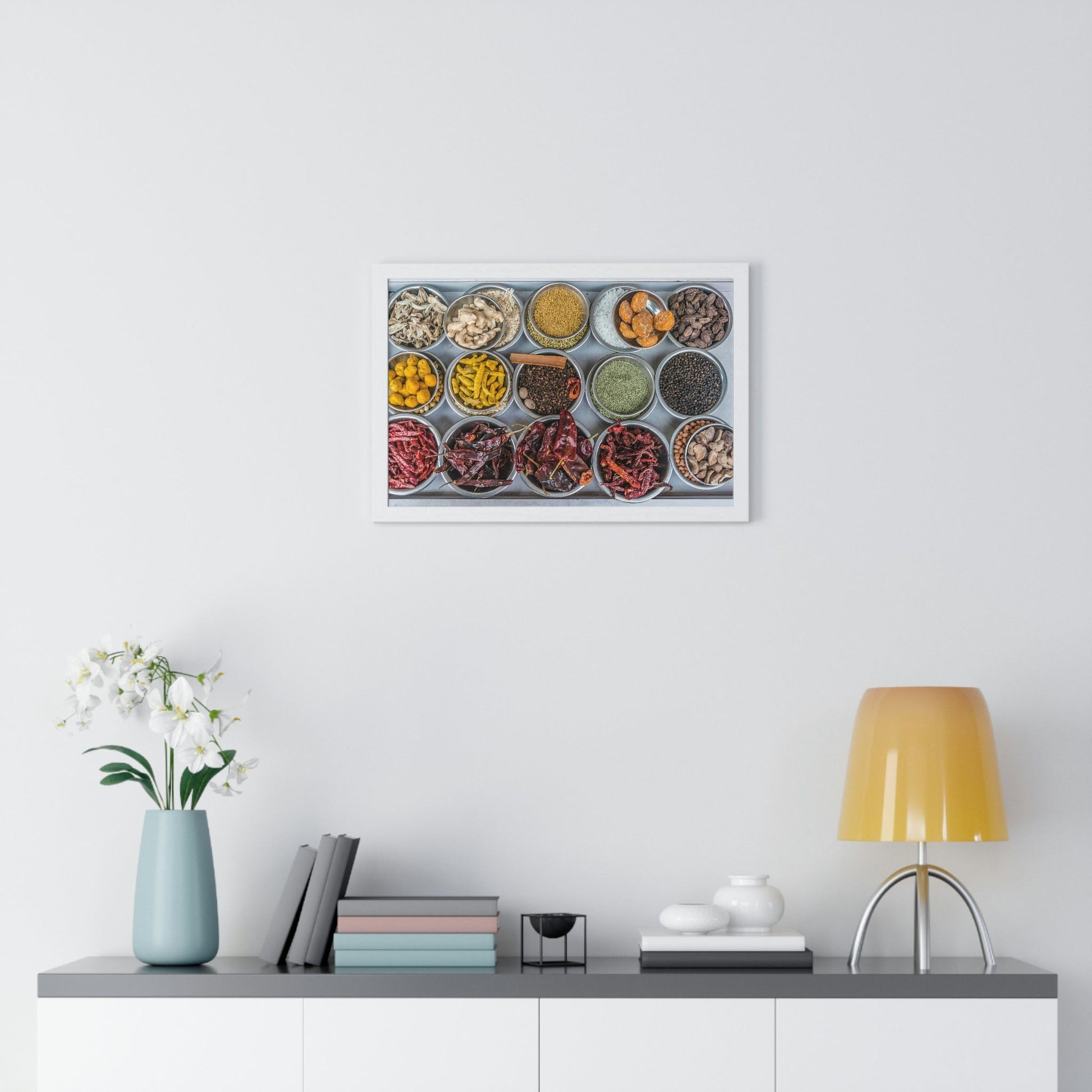 Premium Framed Horizontal Poster - Printed in LATVIA - Bowls filled with spices at a vendors stall in the largest spice market in Asia, the Khari Baoli section of Old Delhi - INDIA - Green Forest Home