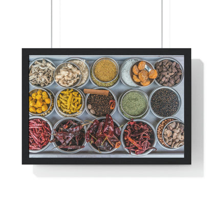 Premium Framed Horizontal Poster - Printed in LATVIA - Bowls filled with spices at a vendors stall in the largest spice market in Asia, the Khari Baoli section of Old Delhi - INDIA - Green Forest Home