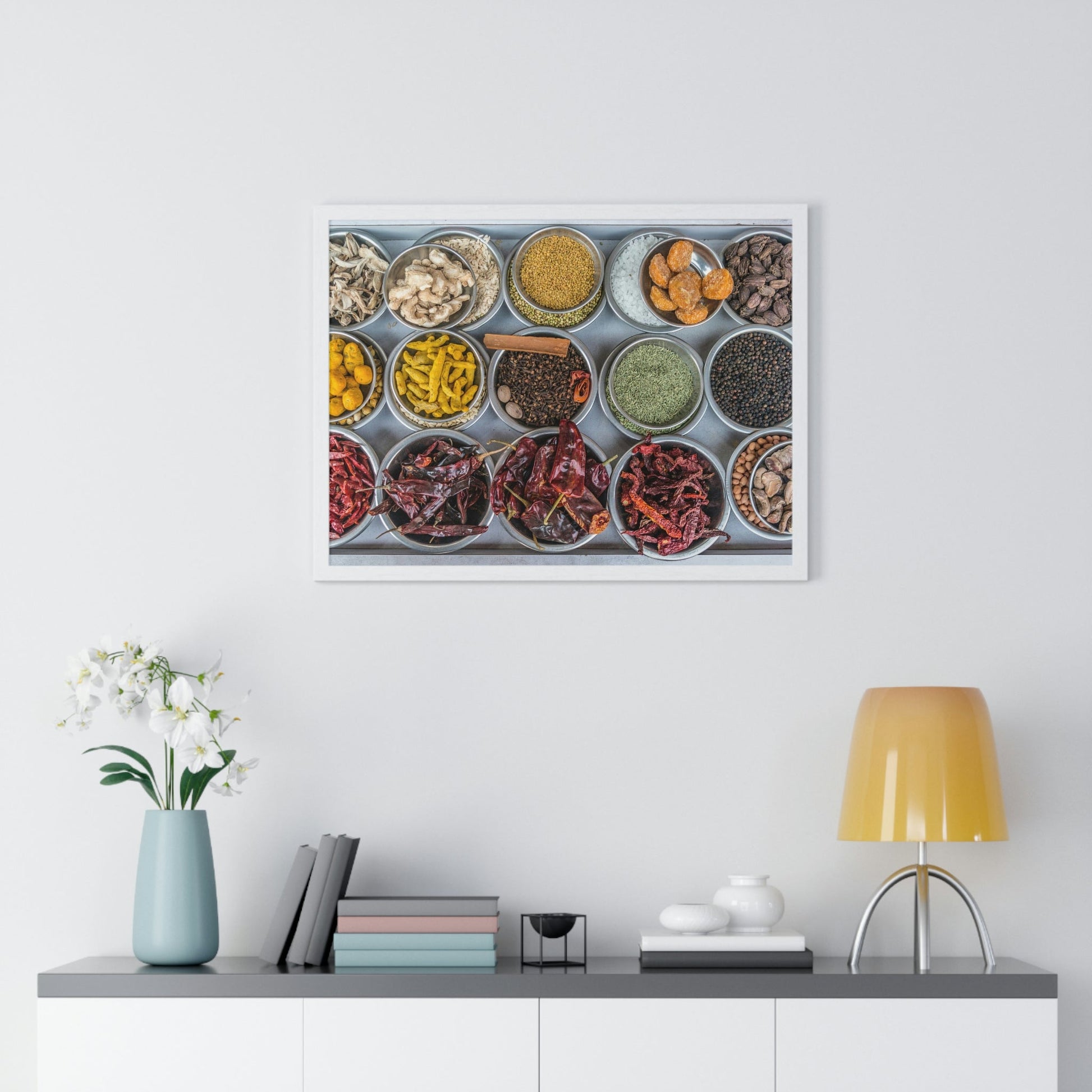 Premium Framed Horizontal Poster - Printed in LATVIA - Bowls filled with spices at a vendors stall in the largest spice market in Asia, the Khari Baoli section of Old Delhi - INDIA - Green Forest Home
