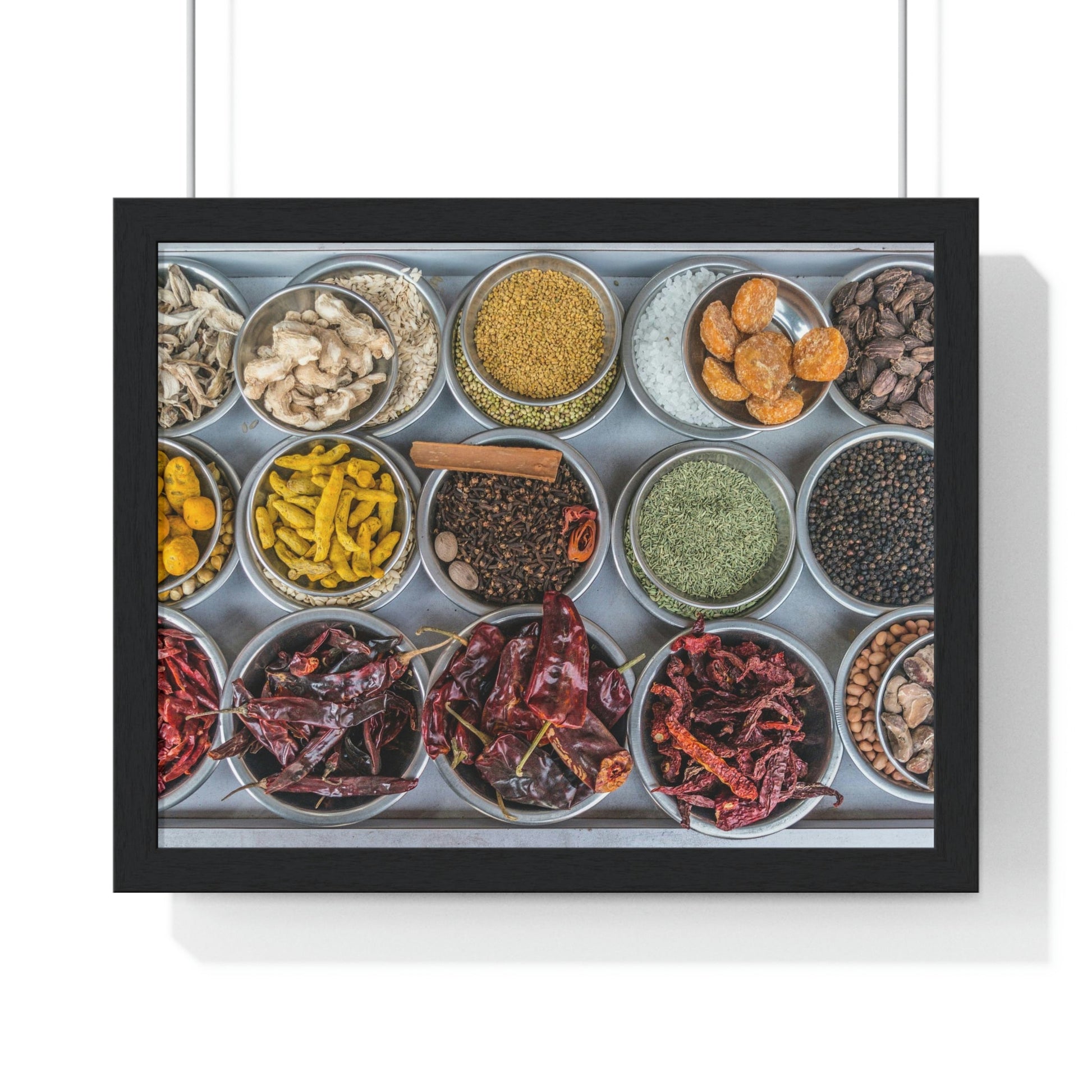 Premium Framed Horizontal Poster - Printed in LATVIA - Bowls filled with spices at a vendors stall in the largest spice market in Asia, the Khari Baoli section of Old Delhi - INDIA - Green Forest Home