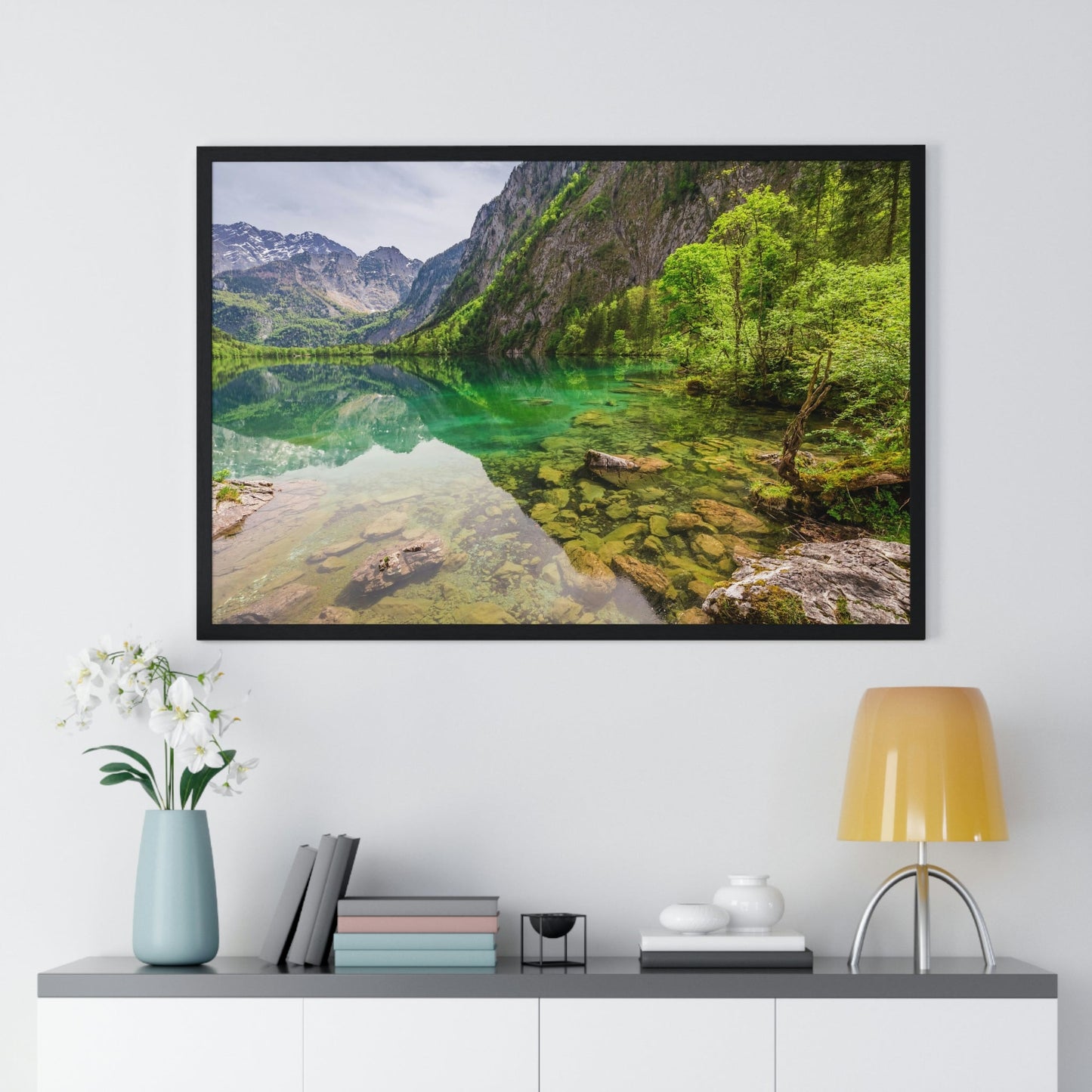 Premium Framed Horizontal Poster - Printed in LATVIA - Clear View for small Mountain Lake in Clear View for small Mountain Lake in German Alps - GERMANY - EUROPE - Green Forest Home