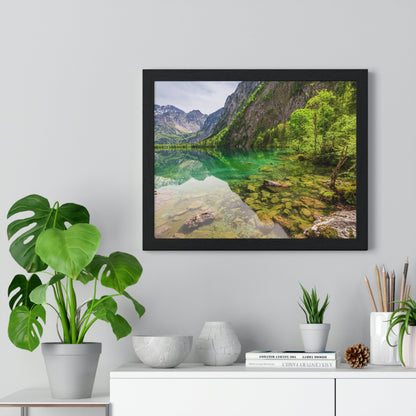 Premium Framed Horizontal Poster - Printed in LATVIA - Clear View for small Mountain Lake in Clear View for small Mountain Lake in German Alps - GERMANY - EUROPE - Green Forest Home
