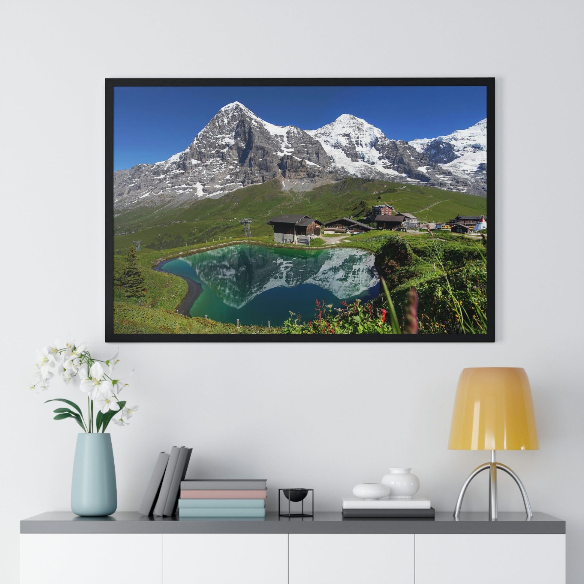 Premium Framed Horizontal poster - Printed in LATVIA - Landscape with Eiger, Moench and part of Jungfrau (to the right), in the Swiss Alps - EUROPE - Green Forest Home