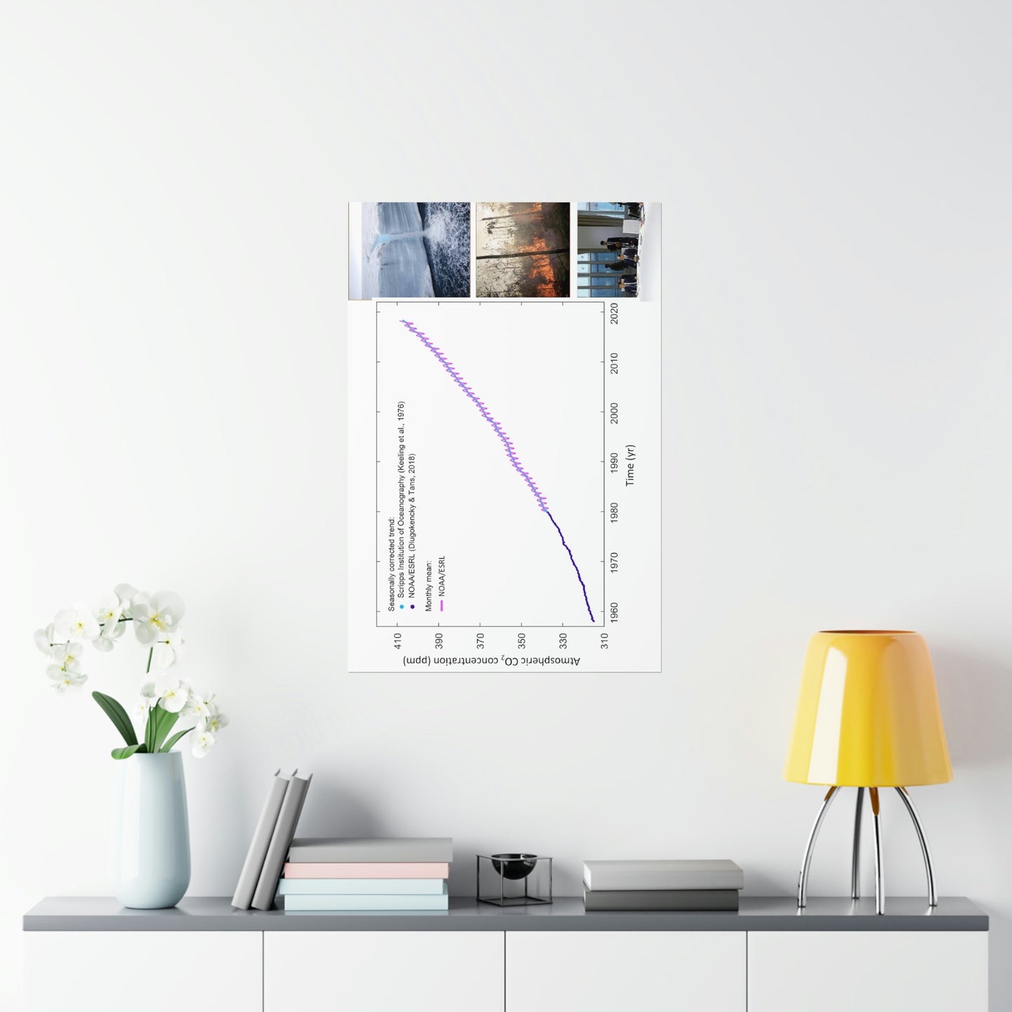 Premium Matte vertical posters - Made in USA in 1 day - The Keeling CO2 curve causing Global Warming - which causes Polar melting, more fires and Trumps empty chair on the G7 Climate Chnange meeting in France - Green Forest Home