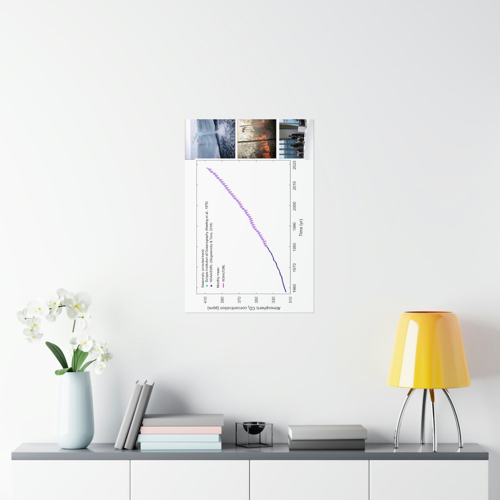Premium Matte vertical posters - Made in USA in 1 day - The Keeling CO2 curve causing Global Warming - which causes Polar melting, more fires and Trumps empty chair on the G7 Climate Chnange meeting in France - Green Forest Home