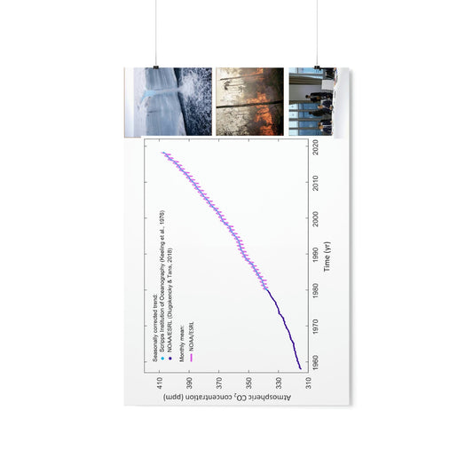 Premium Matte vertical posters - Made in USA in 1 day - The Keeling CO2 curve causing Global Warming - which causes Polar melting, more fires and Trumps empty chair on the G7 Climate Chnange meeting in France - Green Forest Home