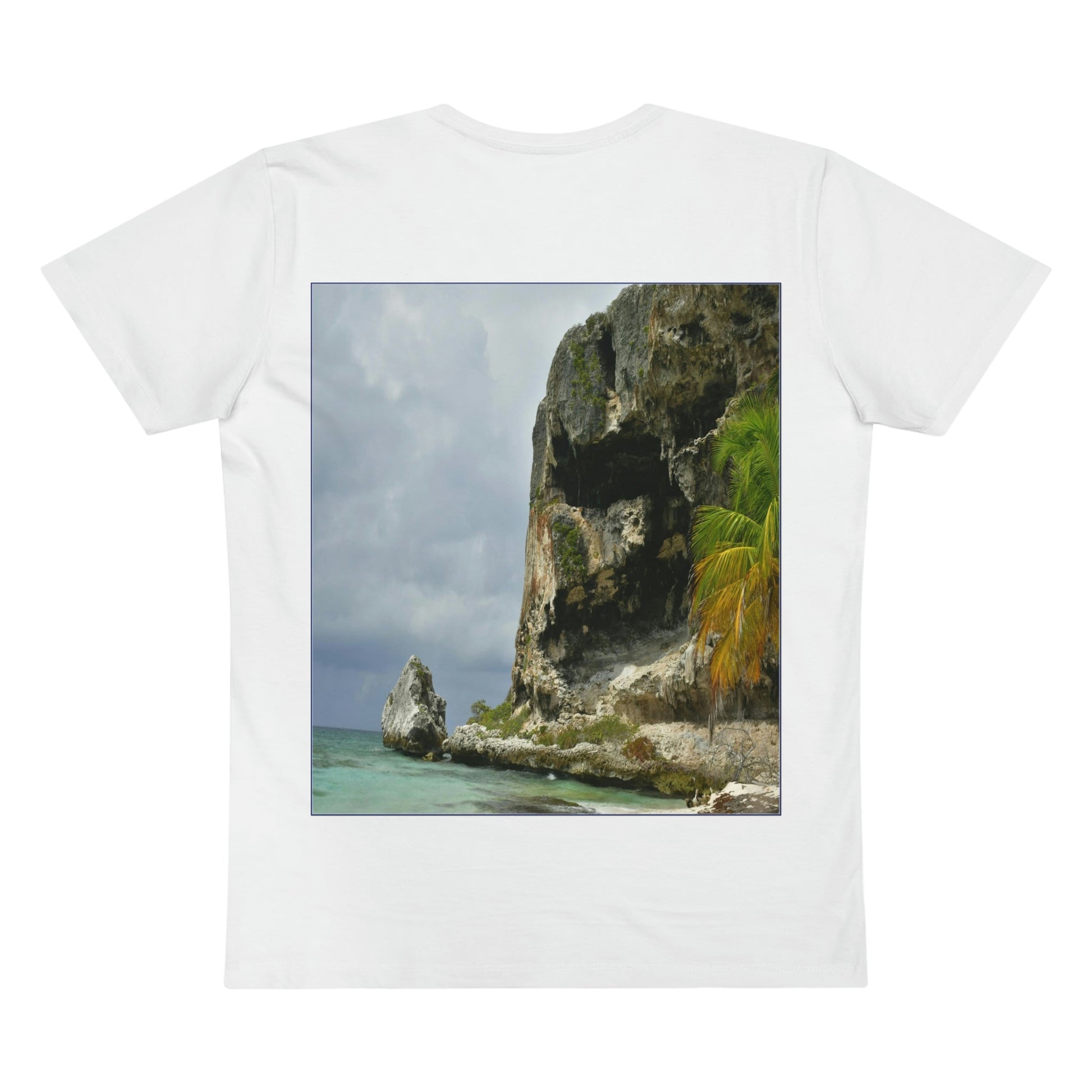 PRINTED in GERMANY for EU - Men’s Presenter V-neck - The remote ISOLATED paradise of Mona Island near Puerto Rico - color curve manually modified in front - Green Forest Home