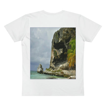 PRINTED in GERMANY for EU - Men’s Presenter V-neck - The remote ISOLATED paradise of Mona Island near Puerto Rico - color curve manually modified in front - Green Forest Home