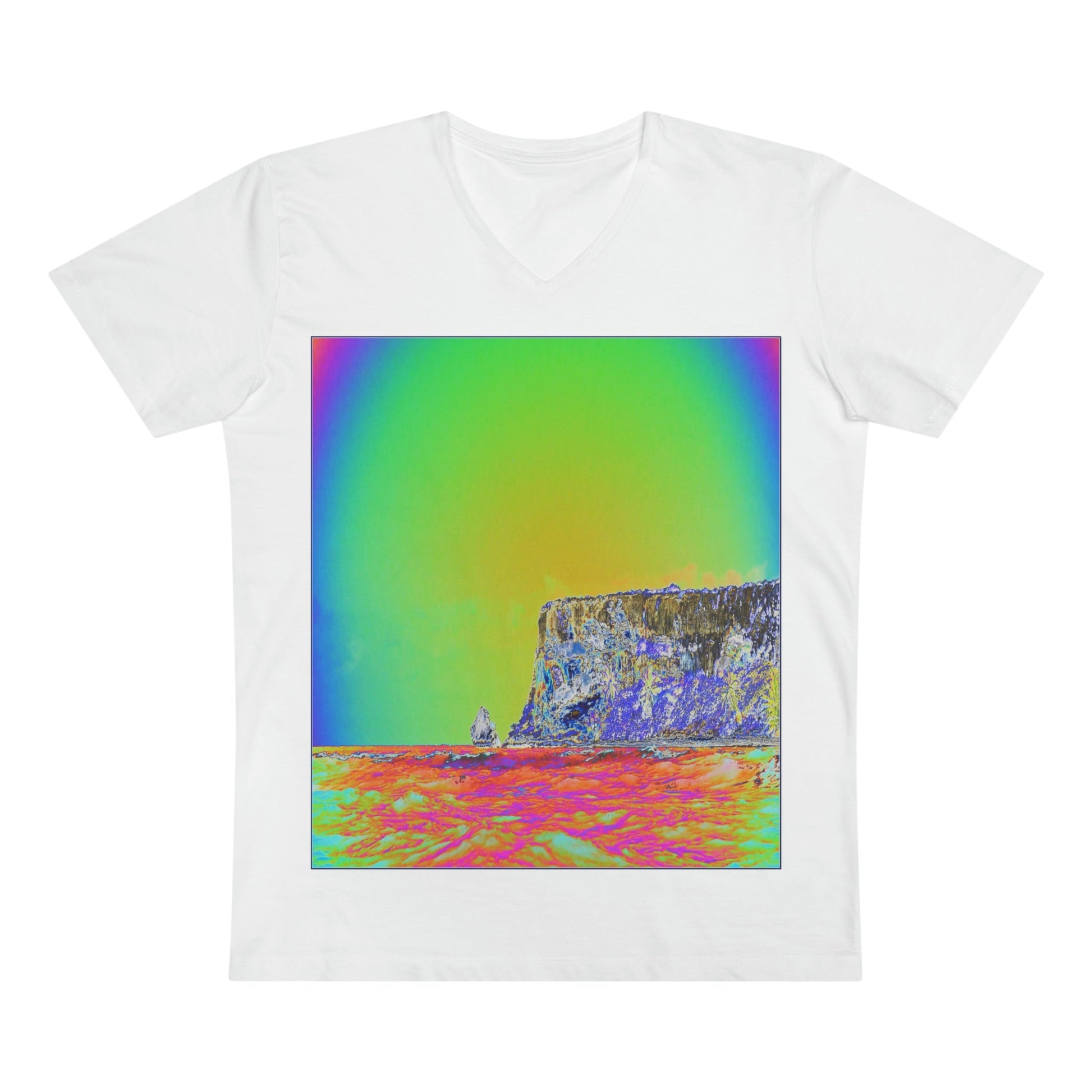 PRINTED in GERMANY for EU - Men’s Presenter V-neck - The remote ISOLATED paradise of Mona Island near Puerto Rico - color curve manually modified in front - Green Forest Home