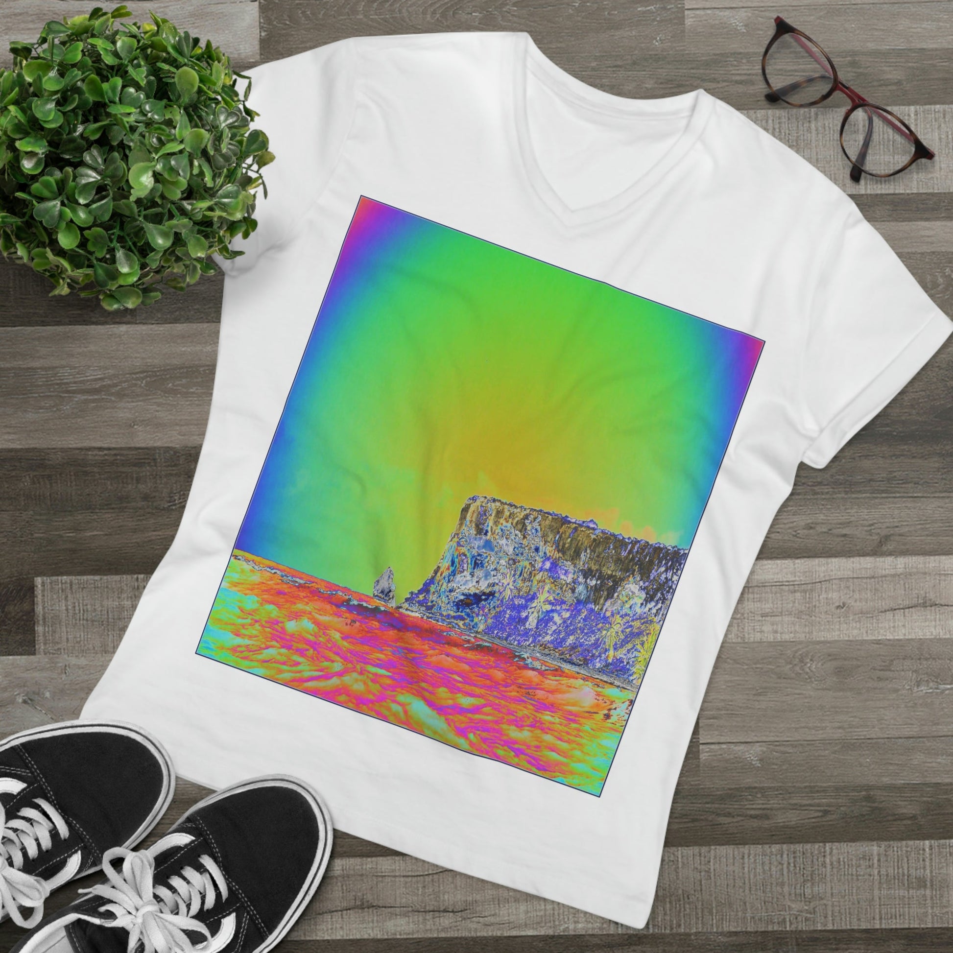 PRINTED in GERMANY for EU - Men’s Presenter V-neck - The remote ISOLATED paradise of Mona Island near Puerto Rico - color curve manually modified in front - Green Forest Home