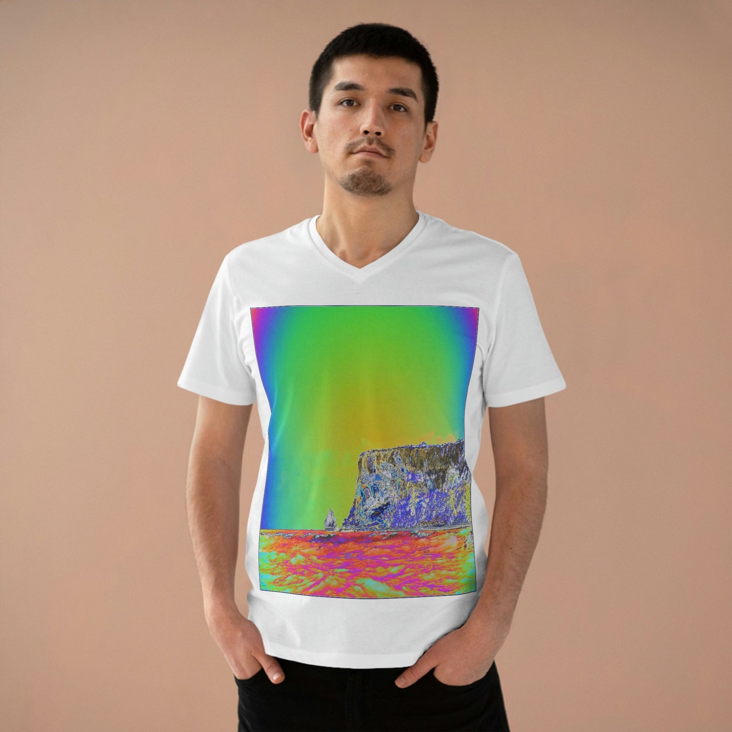 PRINTED in GERMANY for EU - Men’s Presenter V-neck - The remote ISOLATED paradise of Mona Island near Puerto Rico - color curve manually modified in front - Green Forest Home