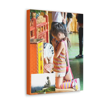 Printed in USA - Canvas Gallery Wraps - A little girl kneels for prayer at the Big Buddha complex in Hong Kong Lantau Island - Buddhism - Green Forest Home