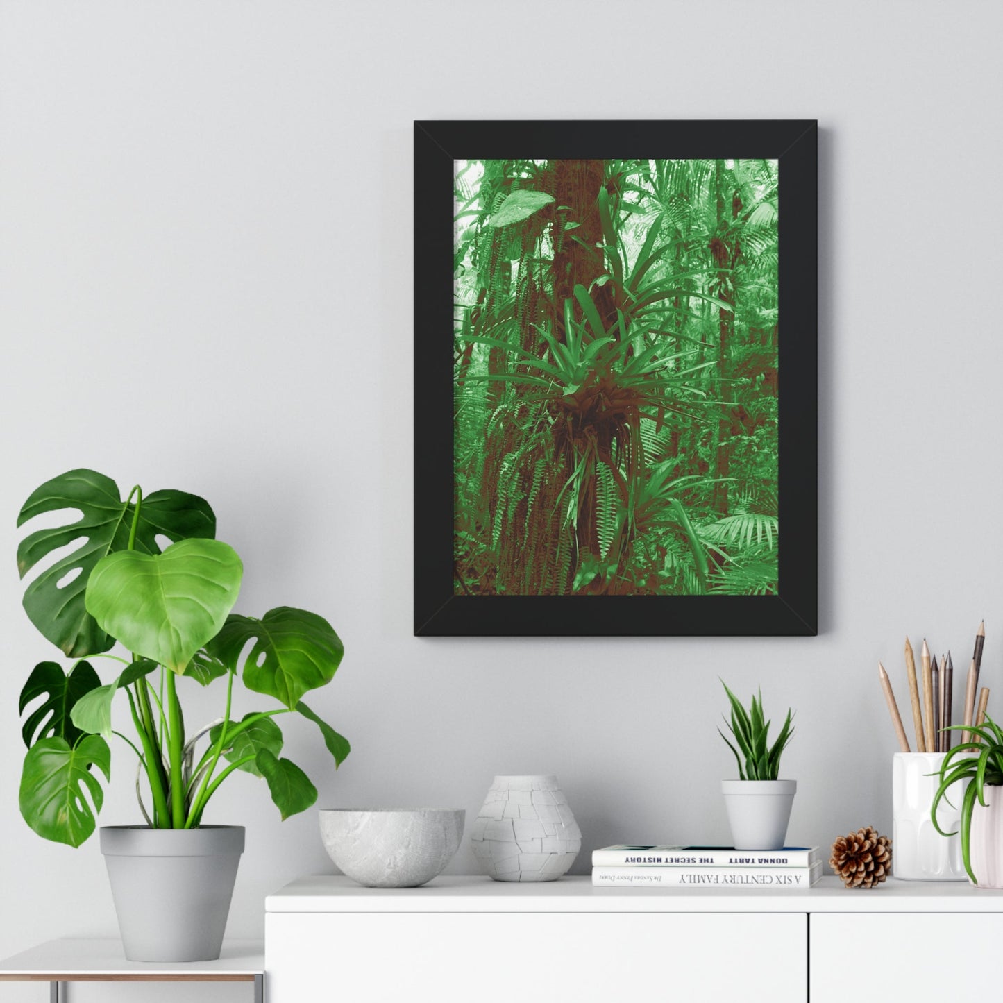 Rainforest Trails & Views - Gallery Canvas Wraps, Framed Vertical Poster - El Yunque National Forest - Puerto Rico - B&W Bromeliads - colorized green - Green Forest Home