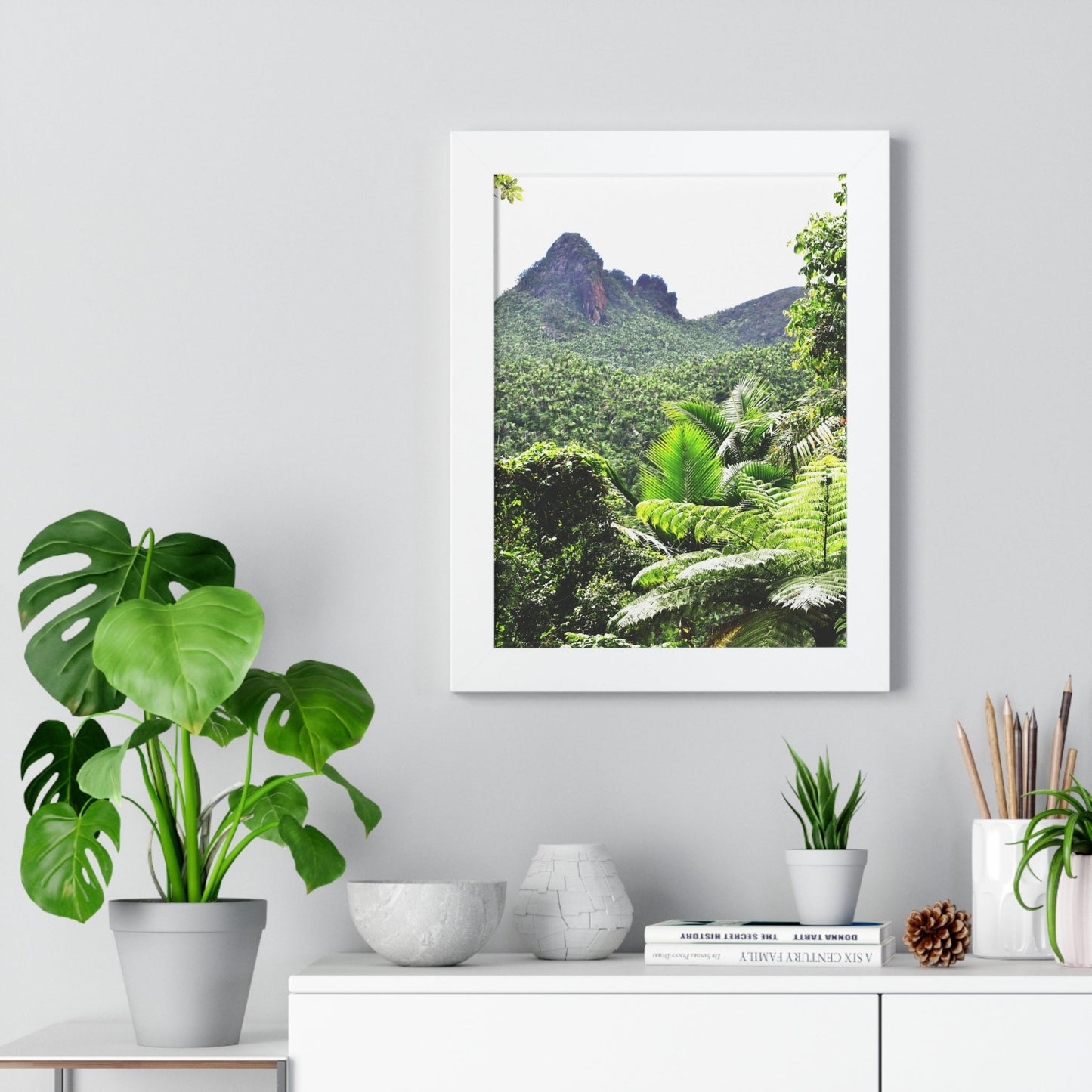 Rainforest Trails & Views - Gallery Canvas Wraps, Framed Vertical Poster - El Yunque National Forest - Puerto Rico - Color enhanced view of Mountains from Yokahu tower - Green Forest Home
