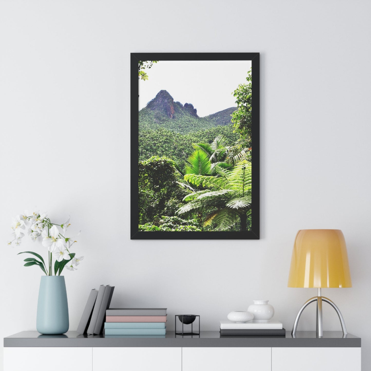 Rainforest Trails & Views - Gallery Canvas Wraps, Framed Vertical Poster - El Yunque National Forest - Puerto Rico - Color enhanced view of Mountains from Yokahu tower - Green Forest Home