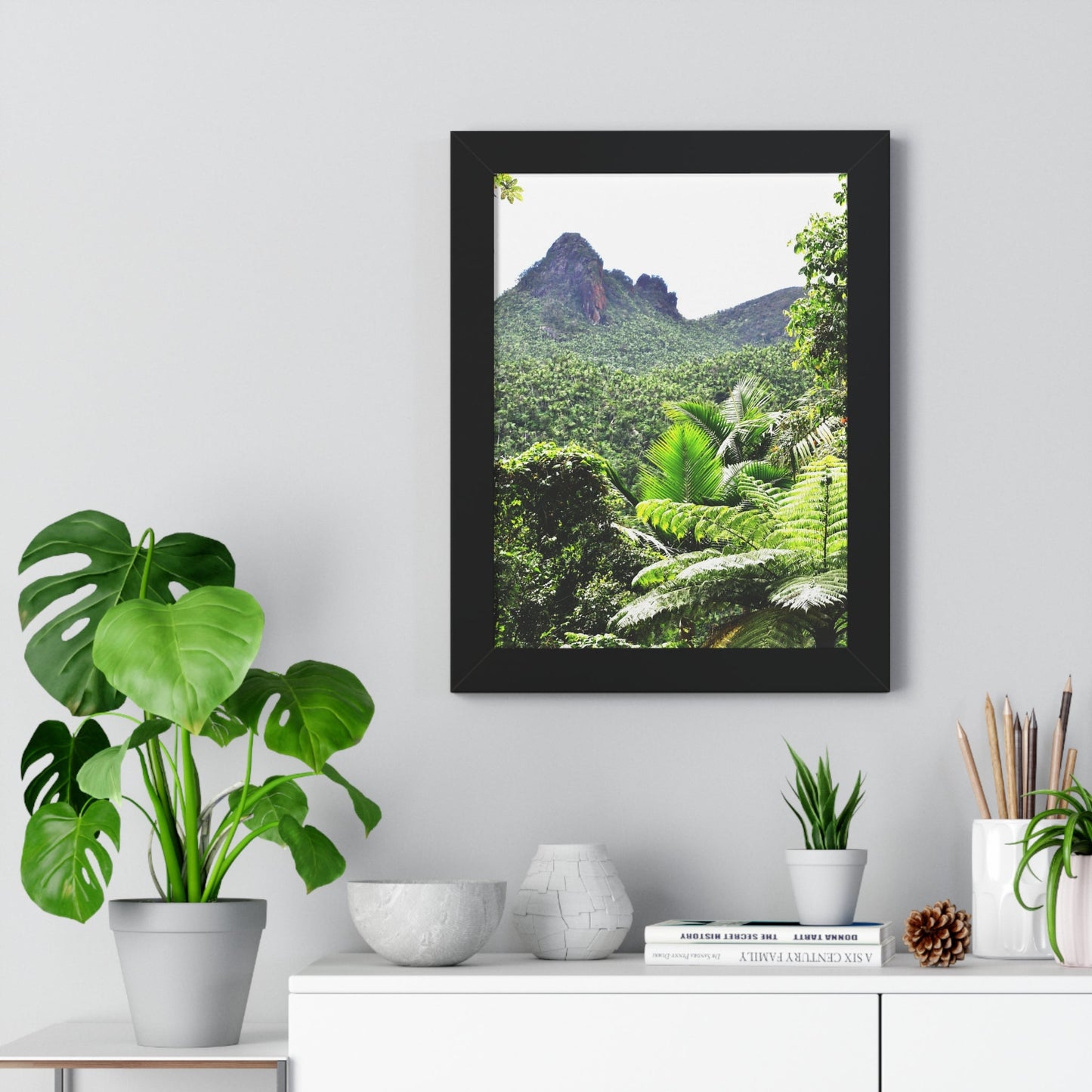 Rainforest Trails & Views - Gallery Canvas Wraps, Framed Vertical Poster - El Yunque National Forest - Puerto Rico - Color enhanced view of Mountains from Yokahu tower - Green Forest Home