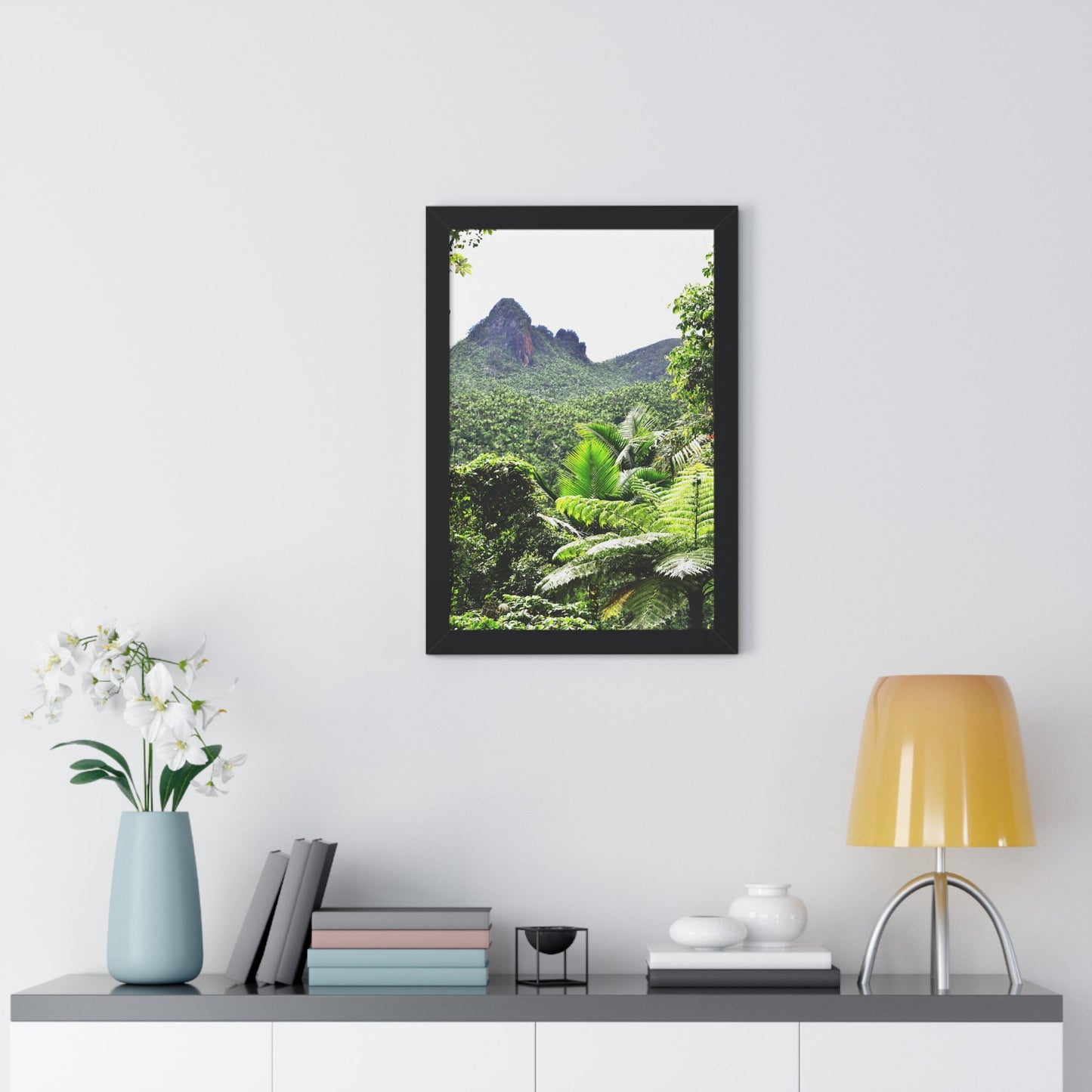 Rainforest Trails & Views - Gallery Canvas Wraps, Framed Vertical Poster - El Yunque National Forest - Puerto Rico - Color enhanced view of Mountains from Yokahu tower - Green Forest Home