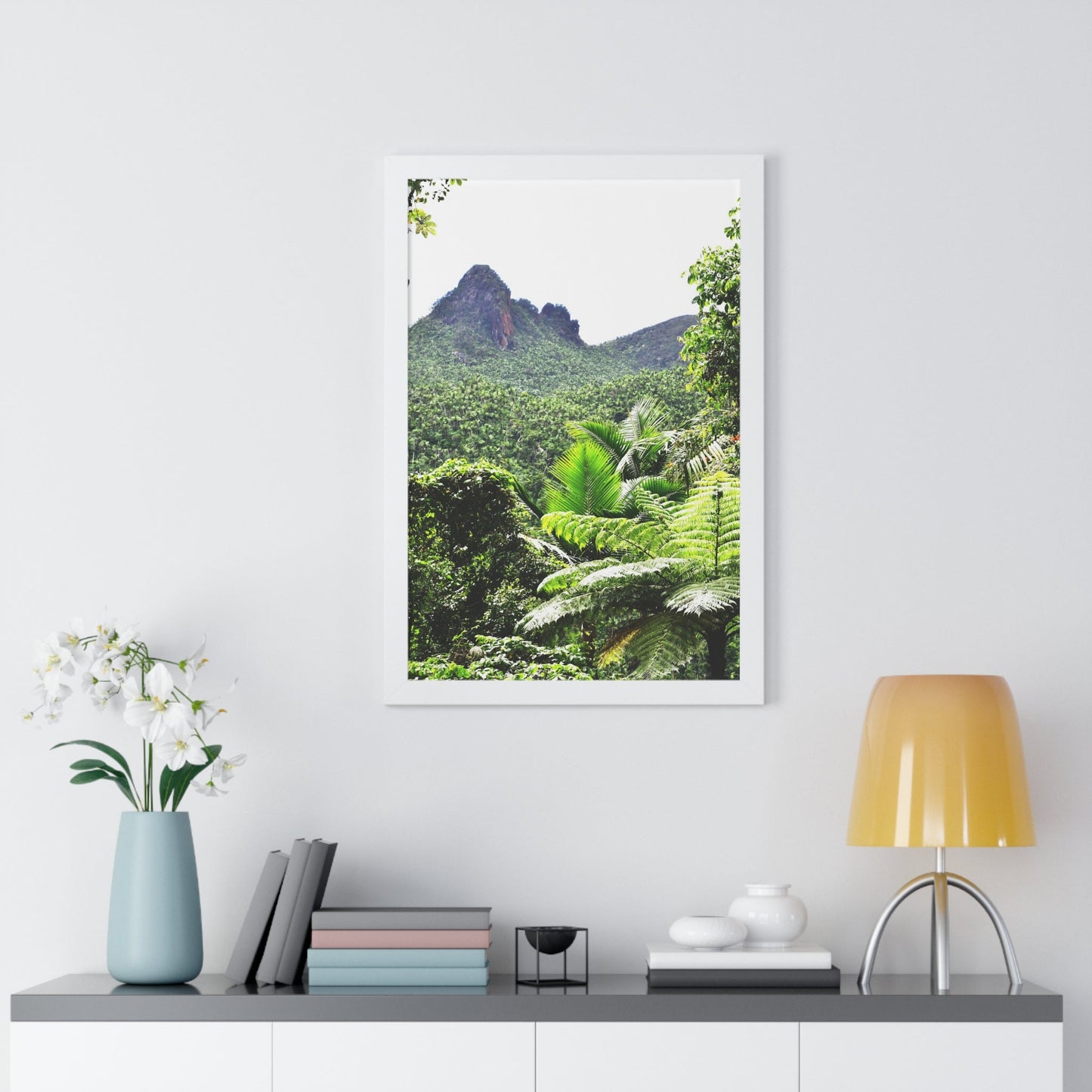 Rainforest Trails & Views - Gallery Canvas Wraps, Framed Vertical Poster - El Yunque National Forest - Puerto Rico - Color enhanced view of Mountains from Yokahu tower - Green Forest Home