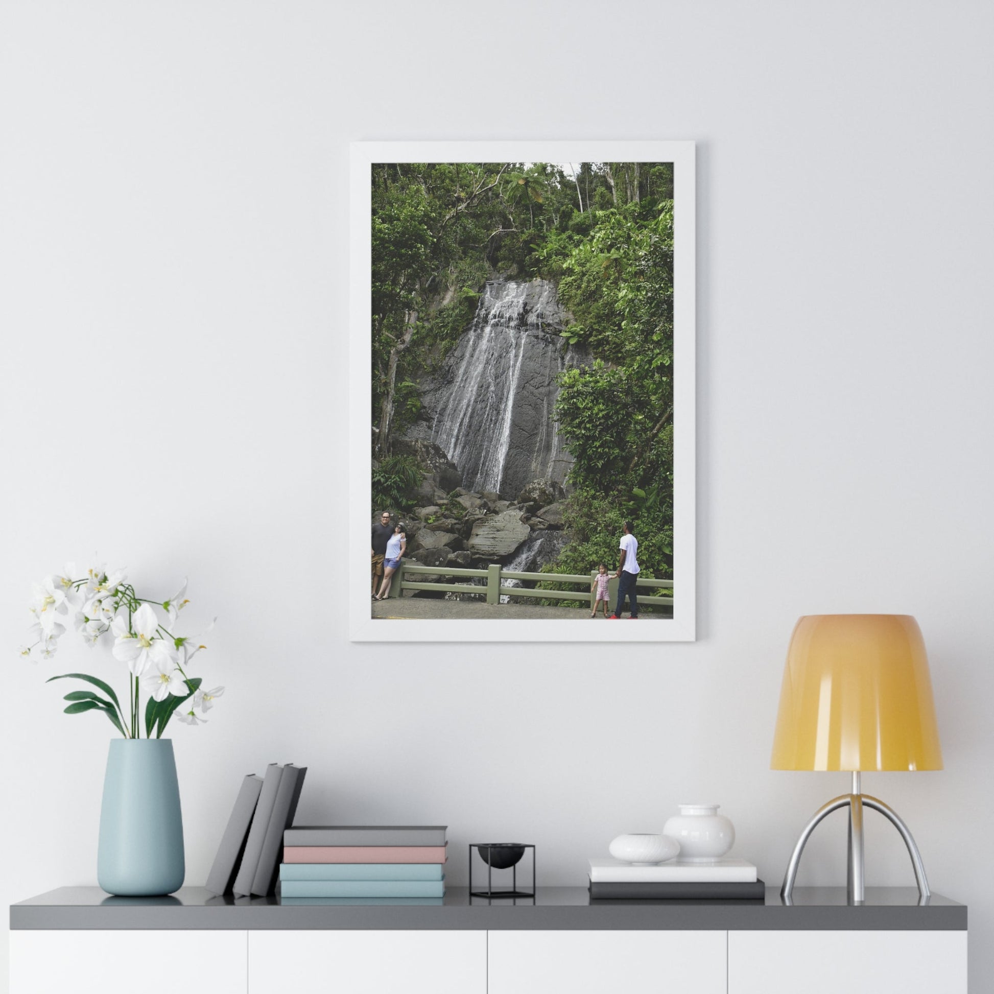 Rainforest Trails & Views - Gallery Canvas Wraps, Framed Vertical Poster - El Yunque National Forest - Puerto Rico - La Coca waterfall with visitors - Green Forest Home