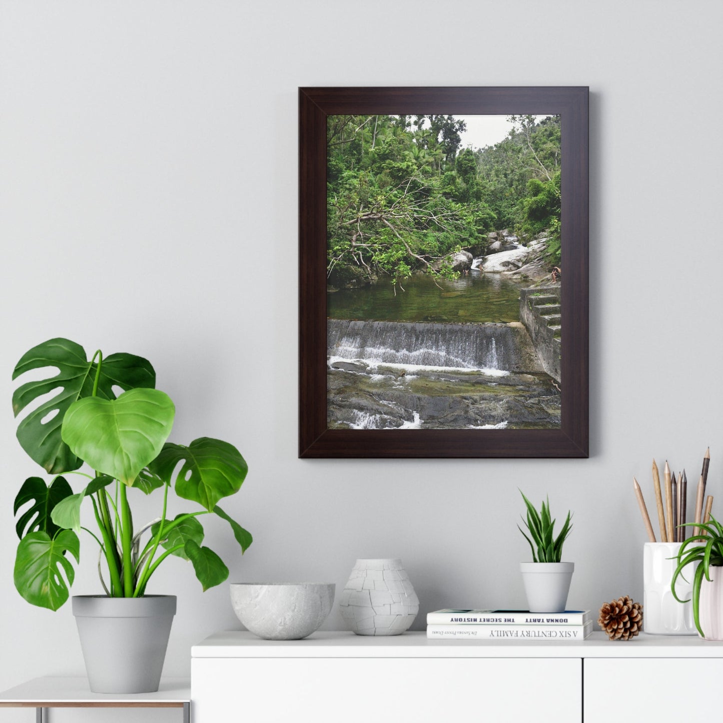 Rainforest Trails & Views - Gallery Canvas Wraps, Framed Vertical Poster - El Yunque National Forest - Puerto Rico - Sabana Trail - Icacos River Dam next to entrance gate - Green Forest Home
