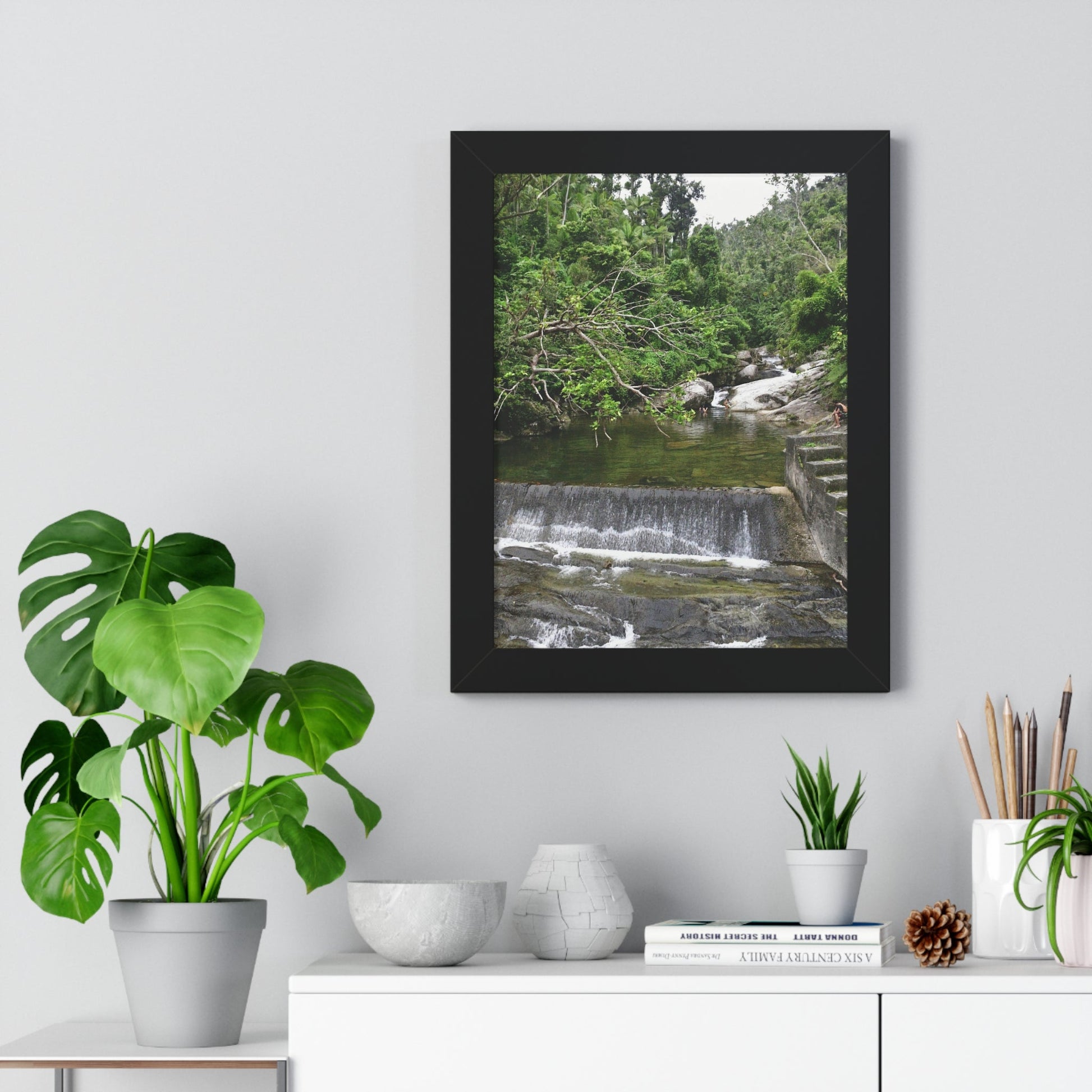 Rainforest Trails & Views - Gallery Canvas Wraps, Framed Vertical Poster - El Yunque National Forest - Puerto Rico - Sabana Trail - Icacos River Dam next to entrance gate - Green Forest Home