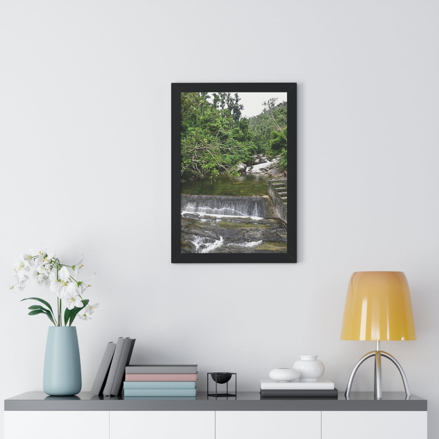 Rainforest Trails & Views - Gallery Canvas Wraps, Framed Vertical Poster - El Yunque National Forest - Puerto Rico - Sabana Trail - Icacos River Dam next to entrance gate - Green Forest Home