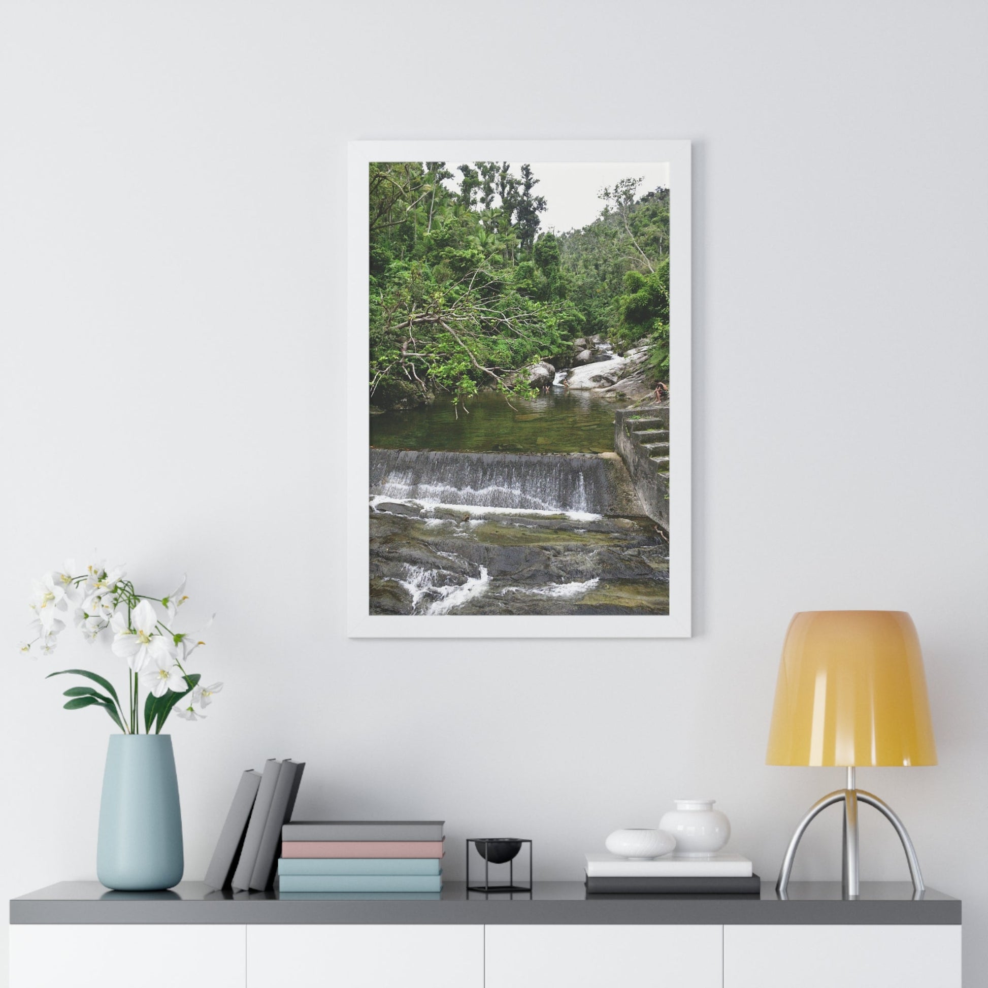 Rainforest Trails & Views - Gallery Canvas Wraps, Framed Vertical Poster - El Yunque National Forest - Puerto Rico - Sabana Trail - Icacos River Dam next to entrance gate - Green Forest Home
