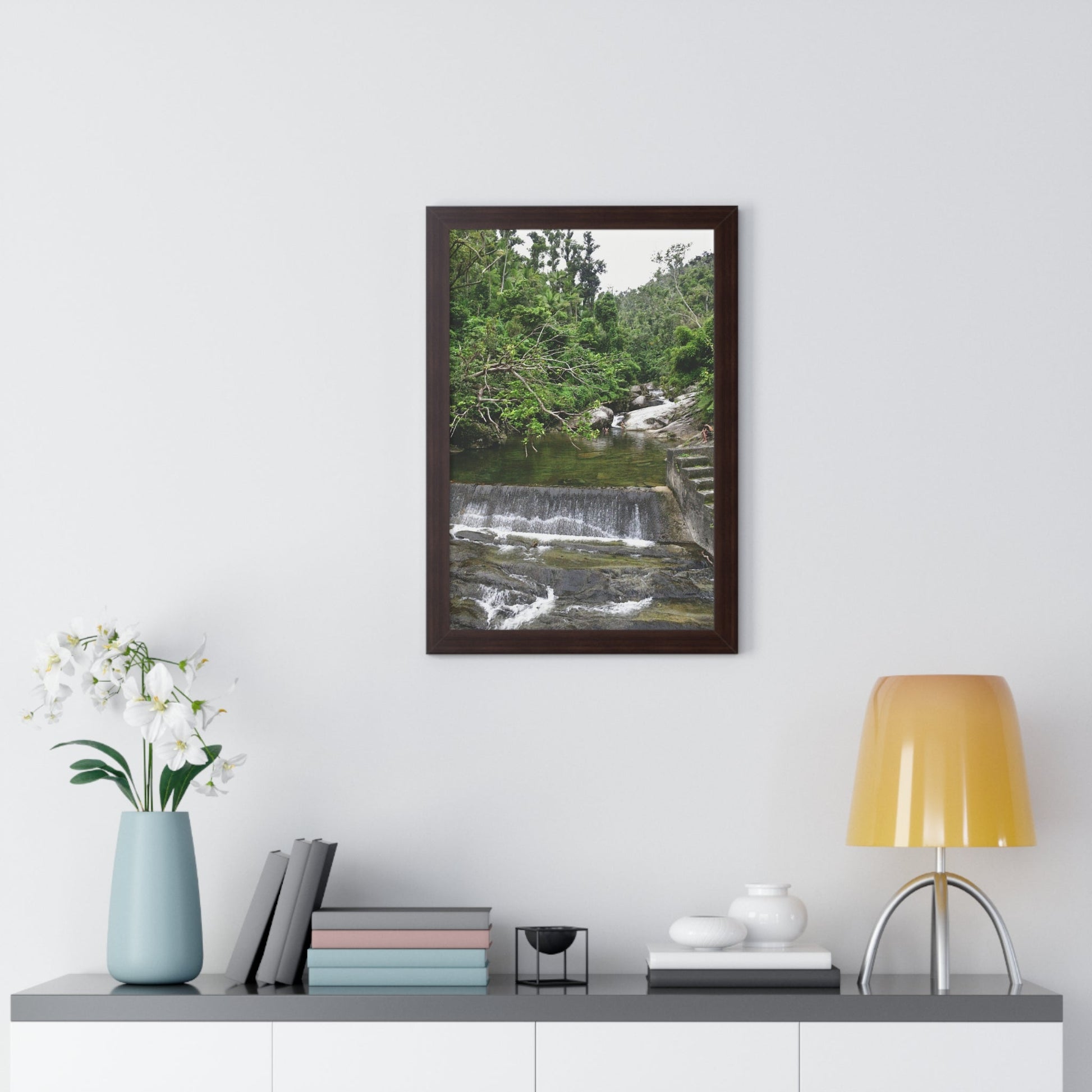 Rainforest Trails & Views - Gallery Canvas Wraps, Framed Vertical Poster - El Yunque National Forest - Puerto Rico - Sabana Trail - Icacos River Dam next to entrance gate - Green Forest Home