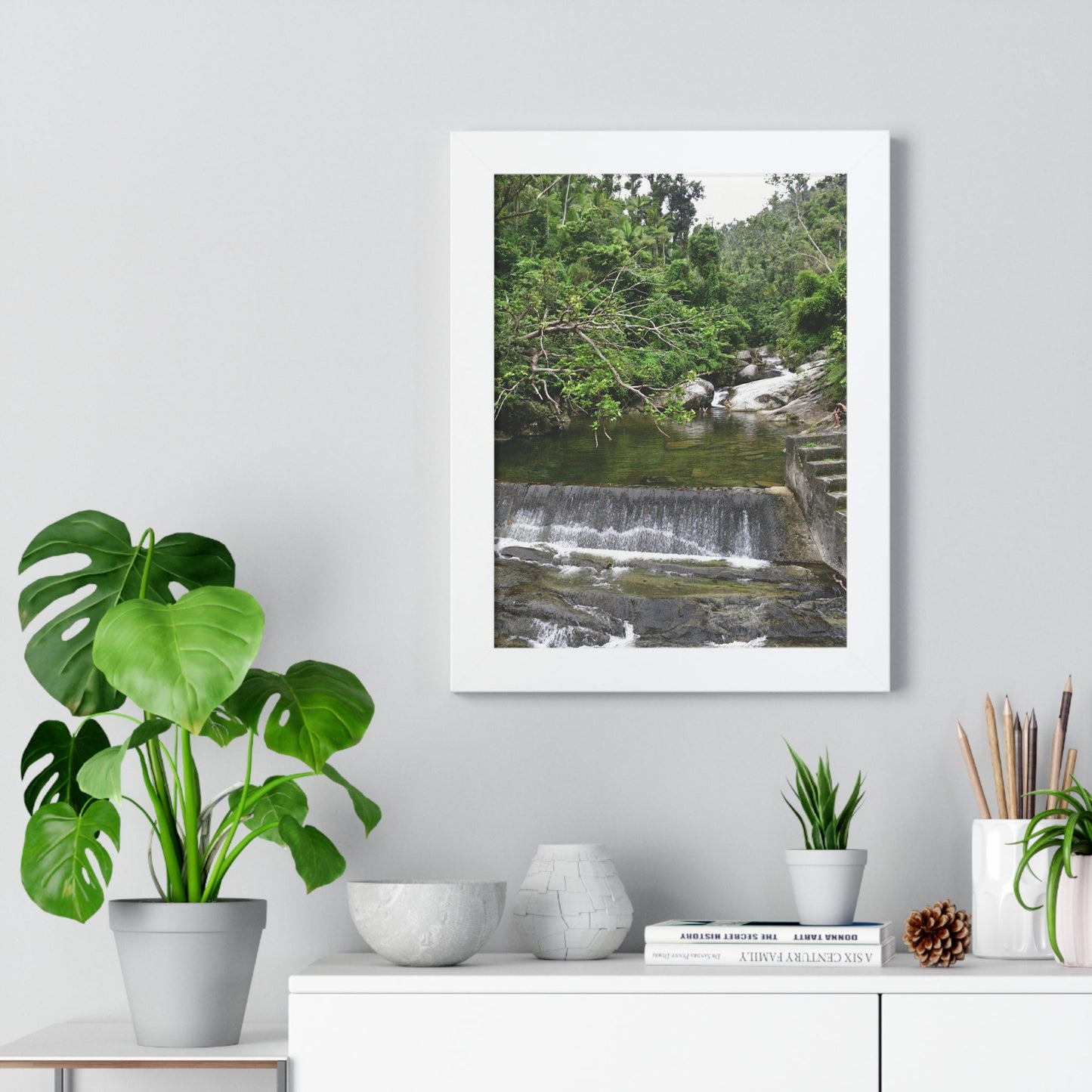 Rainforest Trails & Views - Gallery Canvas Wraps, Framed Vertical Poster - El Yunque National Forest - Puerto Rico - Sabana Trail - Icacos River Dam next to entrance gate - Green Forest Home