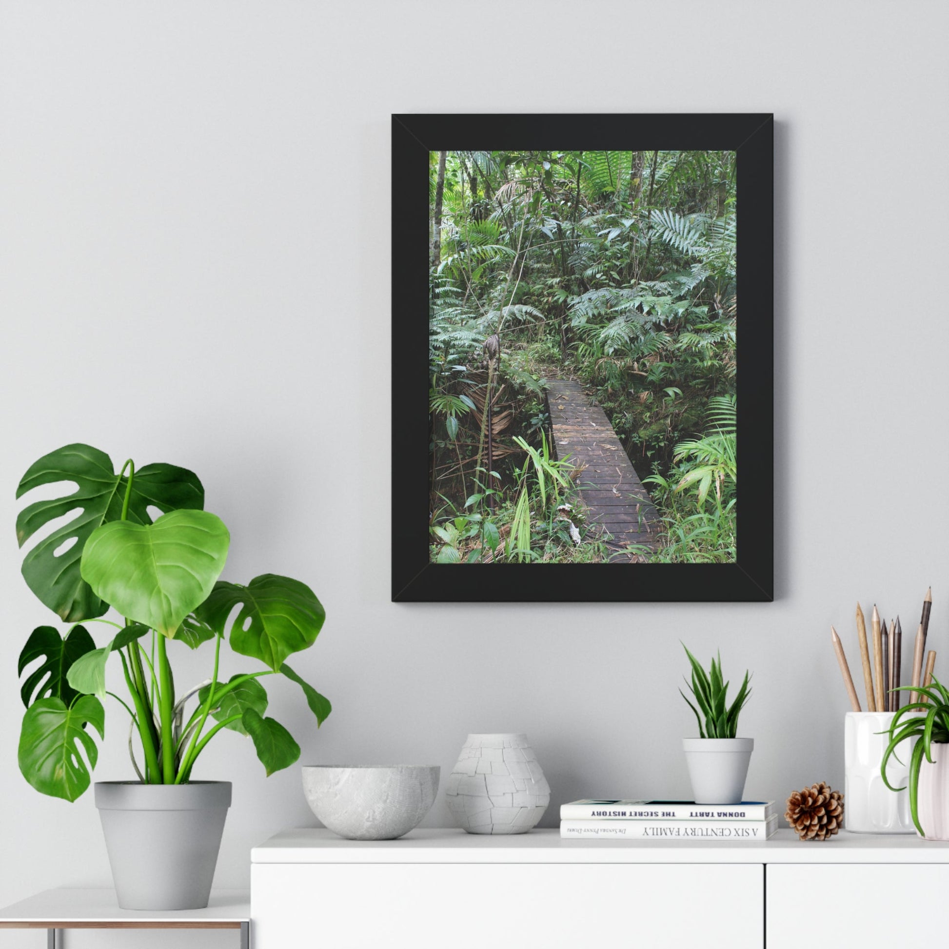 Rainforest Trails & Views - Gallery Canvas Wraps, Framed Vertical Poster - El Yunque National Forest - Puerto Rico - Tradewinds trail crossing bridge - Green Forest Home