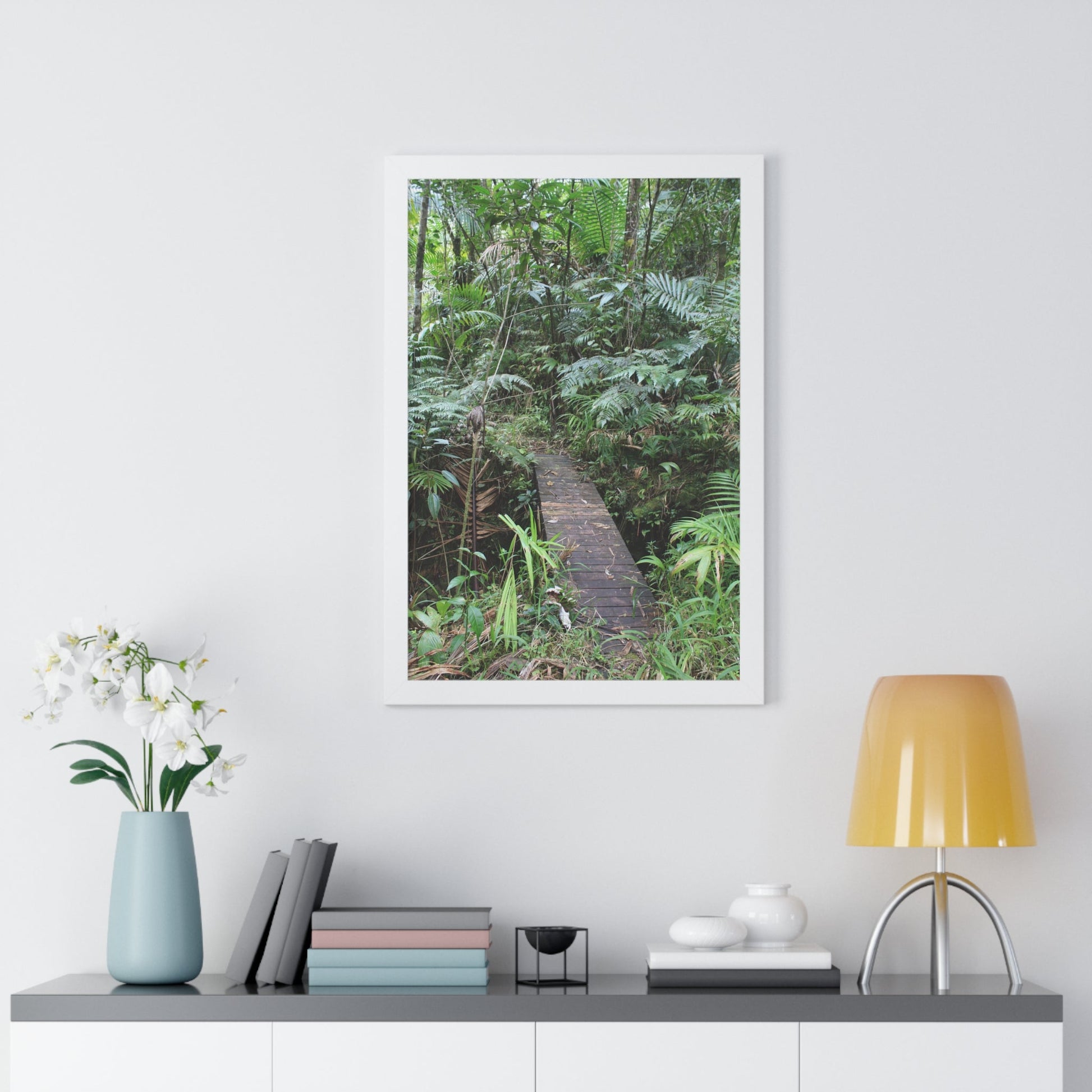 Rainforest Trails & Views - Gallery Canvas Wraps, Framed Vertical Poster - El Yunque National Forest - Puerto Rico - Tradewinds trail crossing bridge - Green Forest Home