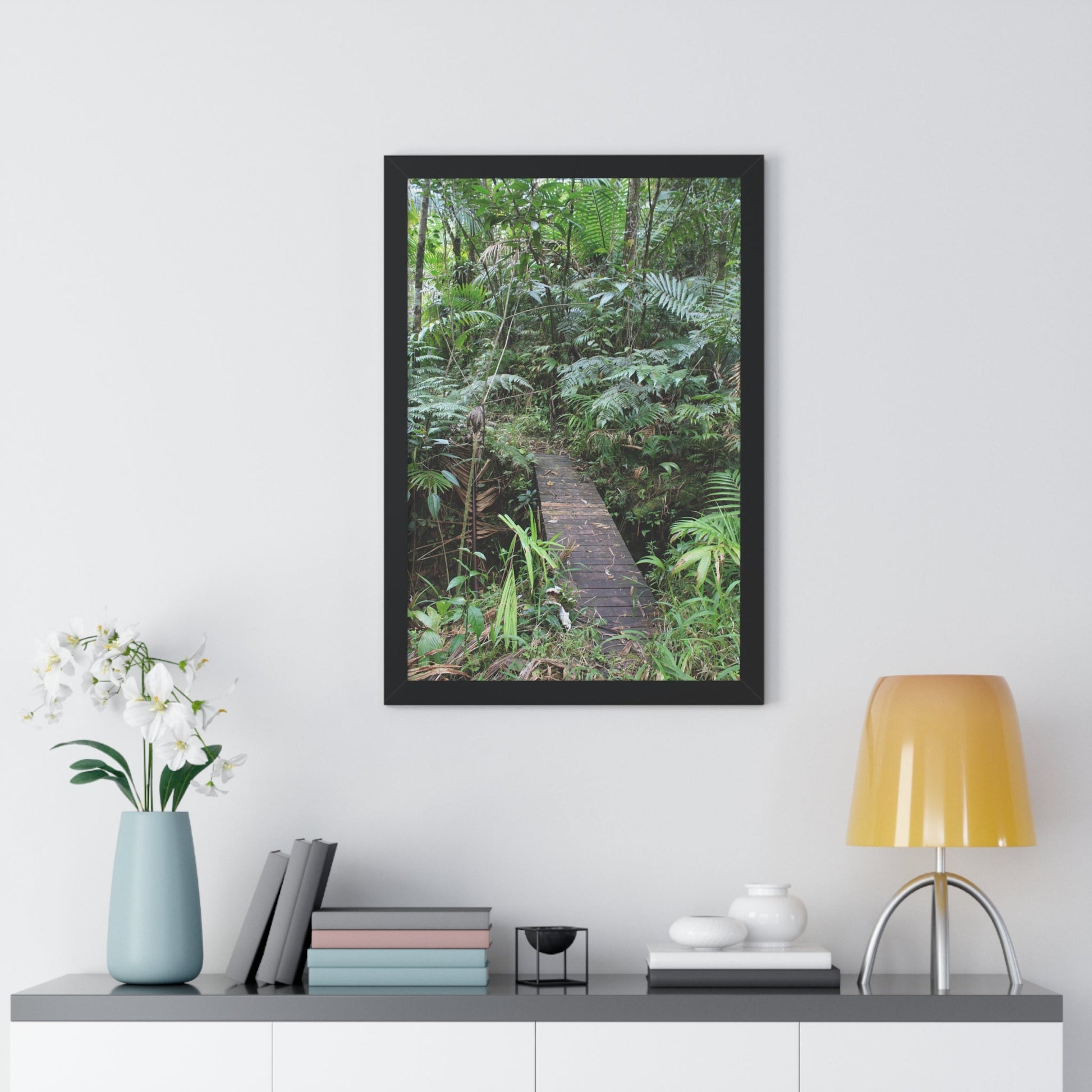 Rainforest Trails & Views - Gallery Canvas Wraps, Framed Vertical Poster - El Yunque National Forest - Puerto Rico - Tradewinds trail crossing bridge - Green Forest Home