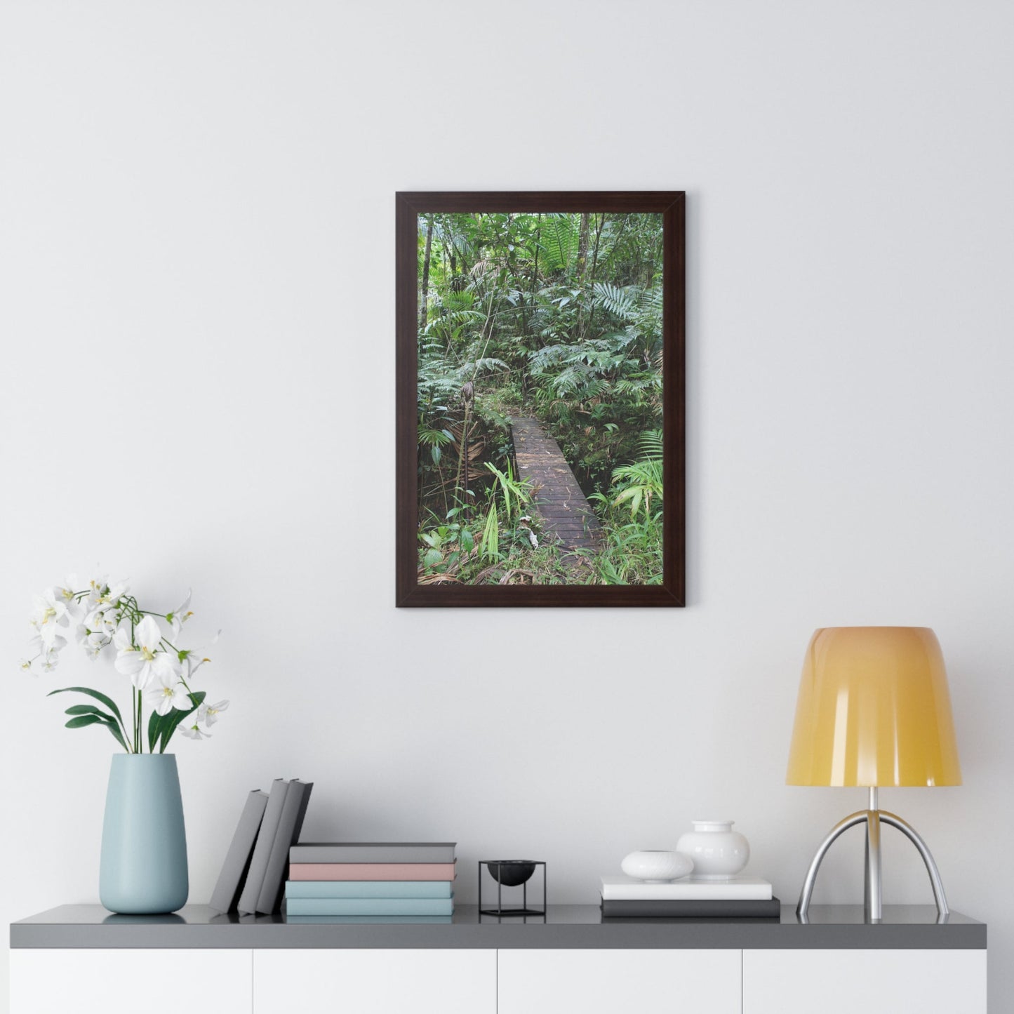 Rainforest Trails & Views - Gallery Canvas Wraps, Framed Vertical Poster - El Yunque National Forest - Puerto Rico - Tradewinds trail crossing bridge - Green Forest Home