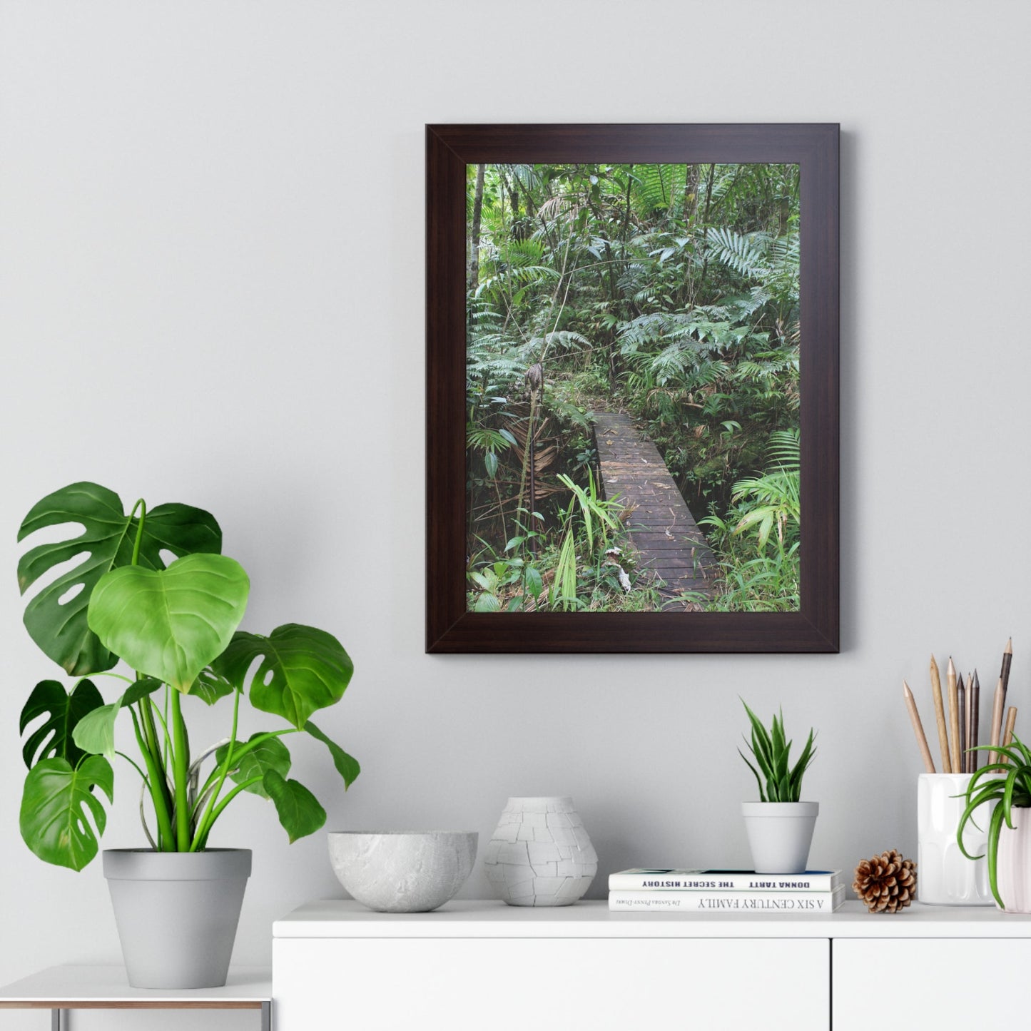 Rainforest Trails & Views - Gallery Canvas Wraps, Framed Vertical Poster - El Yunque National Forest - Puerto Rico - Tradewinds trail crossing bridge - Green Forest Home