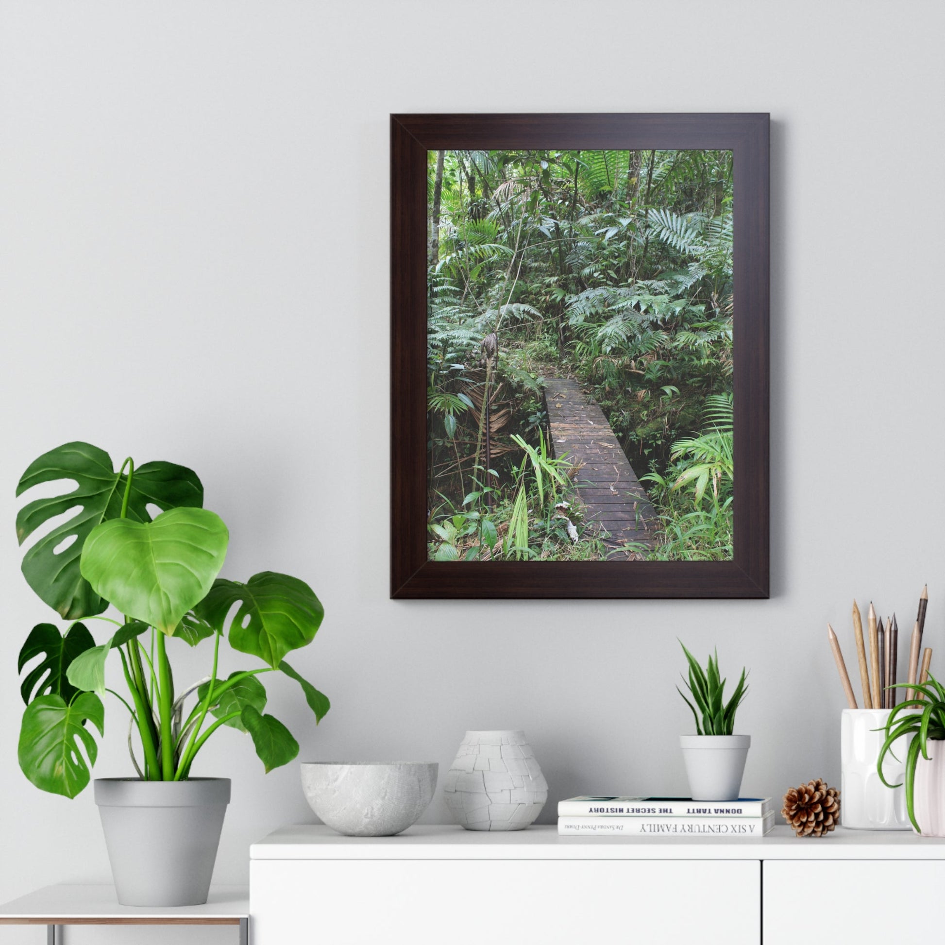 Rainforest Trails & Views - Gallery Canvas Wraps, Framed Vertical Poster - El Yunque National Forest - Puerto Rico - Tradewinds trail crossing bridge - Green Forest Home