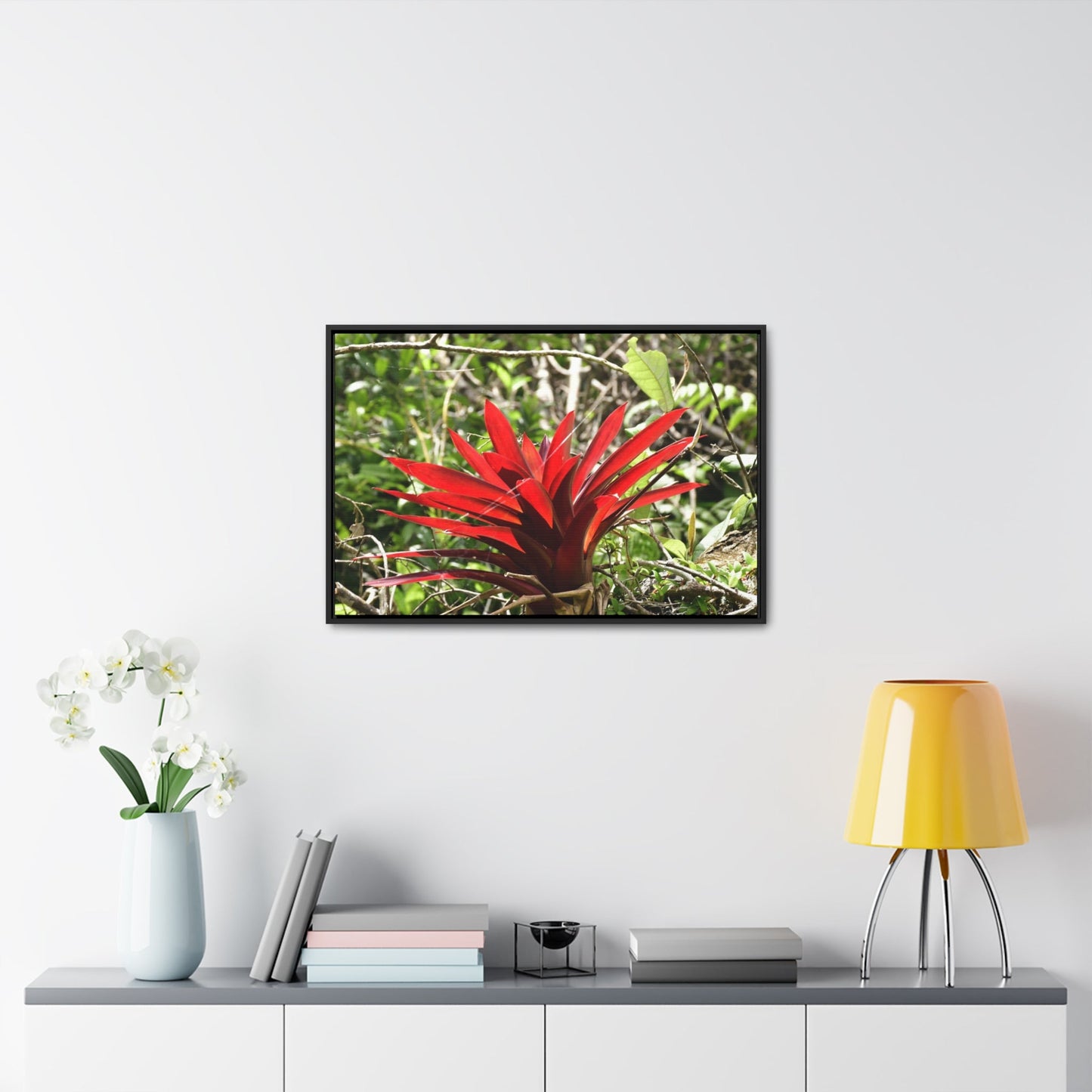 Rainforest Trails & Views - Gallery Canvas Wraps, Horizontal Frame - El Yunque National Forest - Puerto Rico - A rare red Bromeliad in the sunlight - Green Forest Home