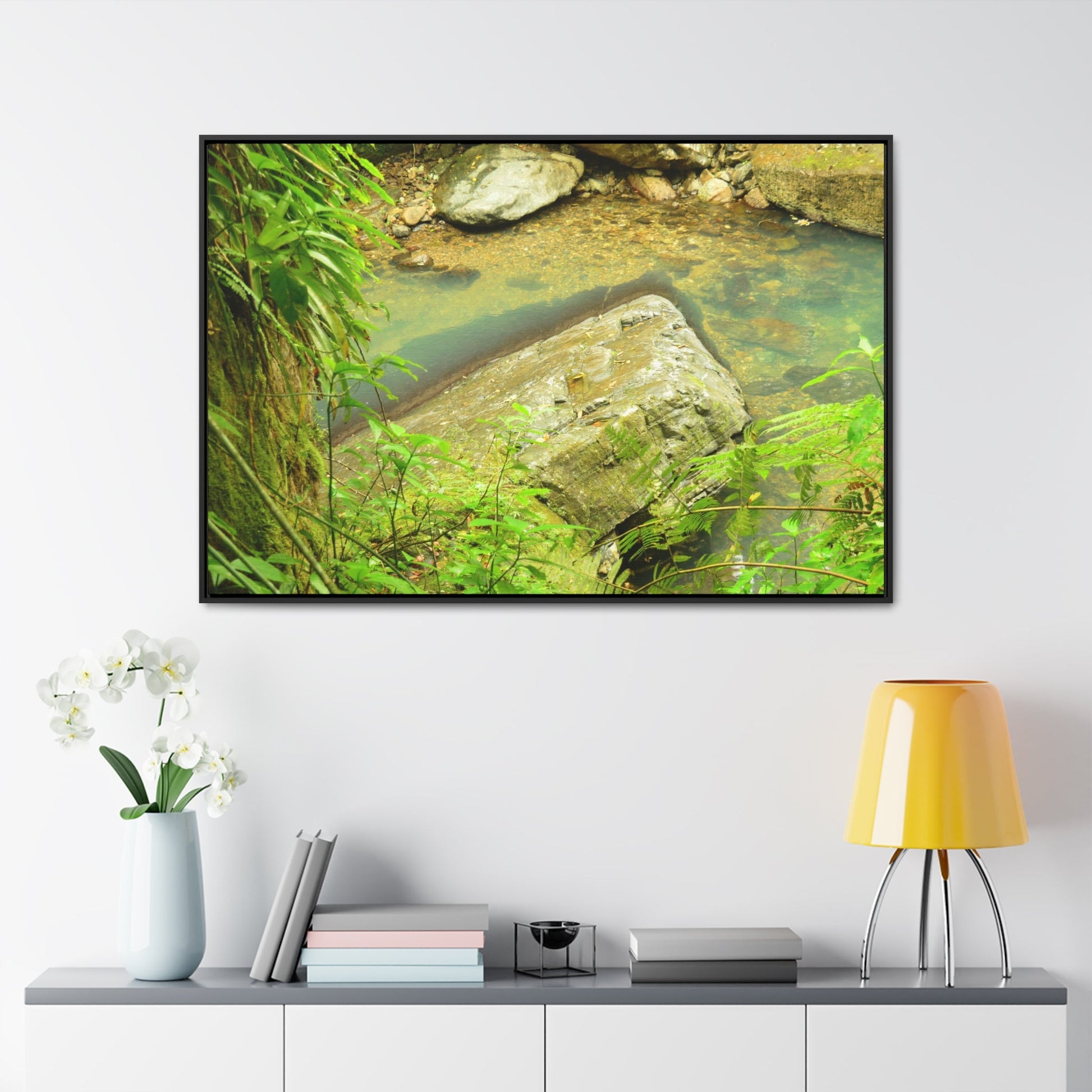 Rainforest Trails & Views - Gallery Canvas Wraps, Horizontal Frame - El Yunque National Forest - Puerto Rico - La Mina River & Trail - huge boulder - Green Forest Home