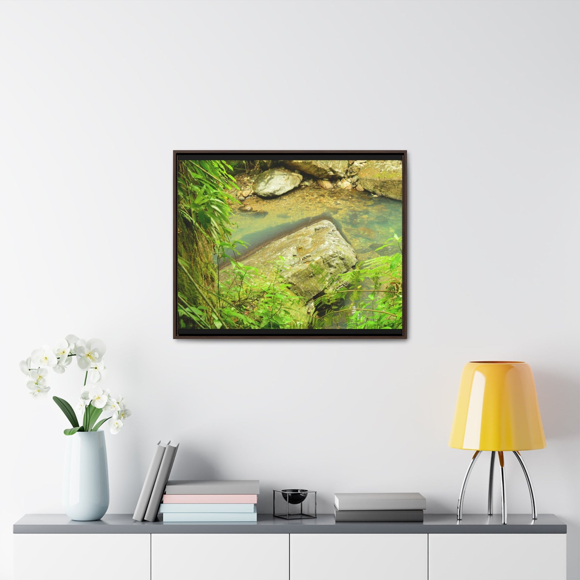 Rainforest Trails & Views - Gallery Canvas Wraps, Horizontal Frame - El Yunque National Forest - Puerto Rico - La Mina River & Trail - huge boulder - Green Forest Home