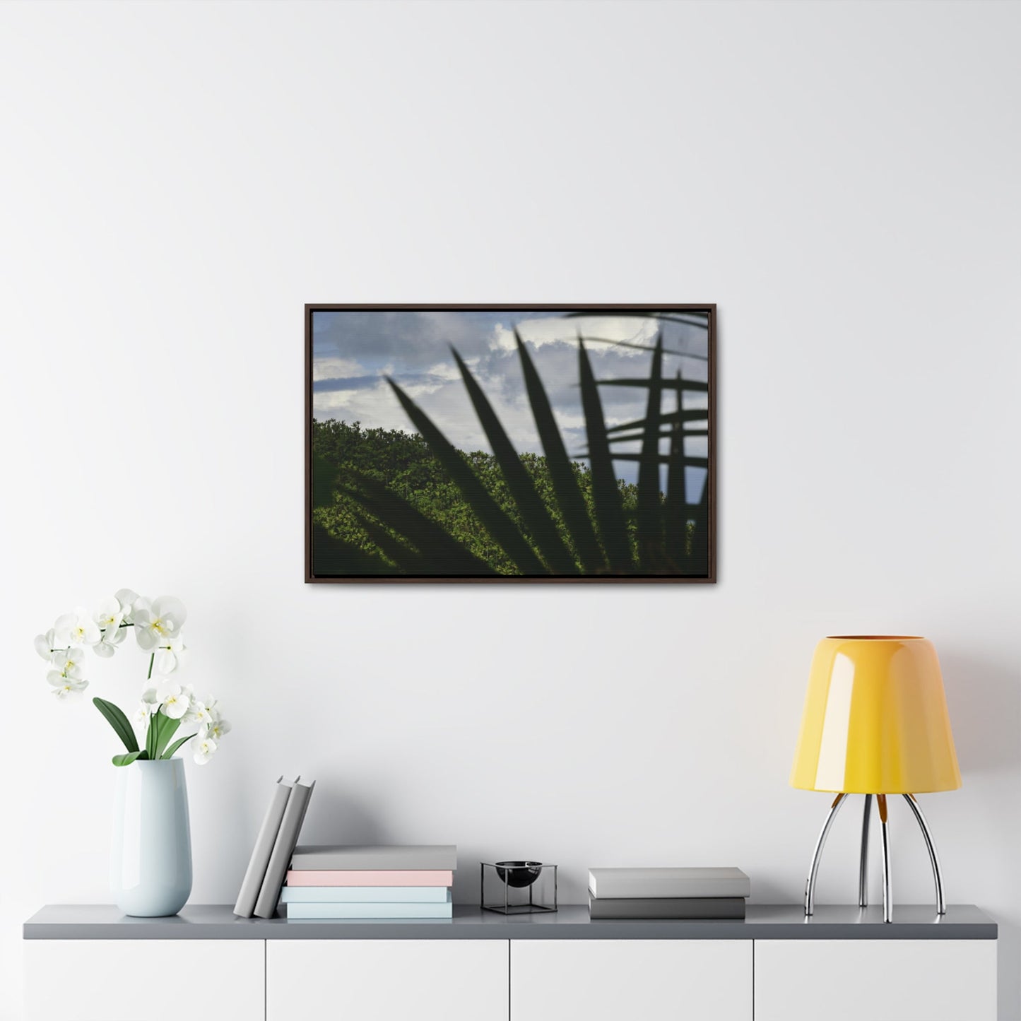 Rainforest Trails & Views - Gallery Canvas Wraps, Horizontal Frame - El Yunque National Forest - Puerto Rico - Outlines of a Sierra Palm branch & Leafs with mountain in background - Green Forest Home