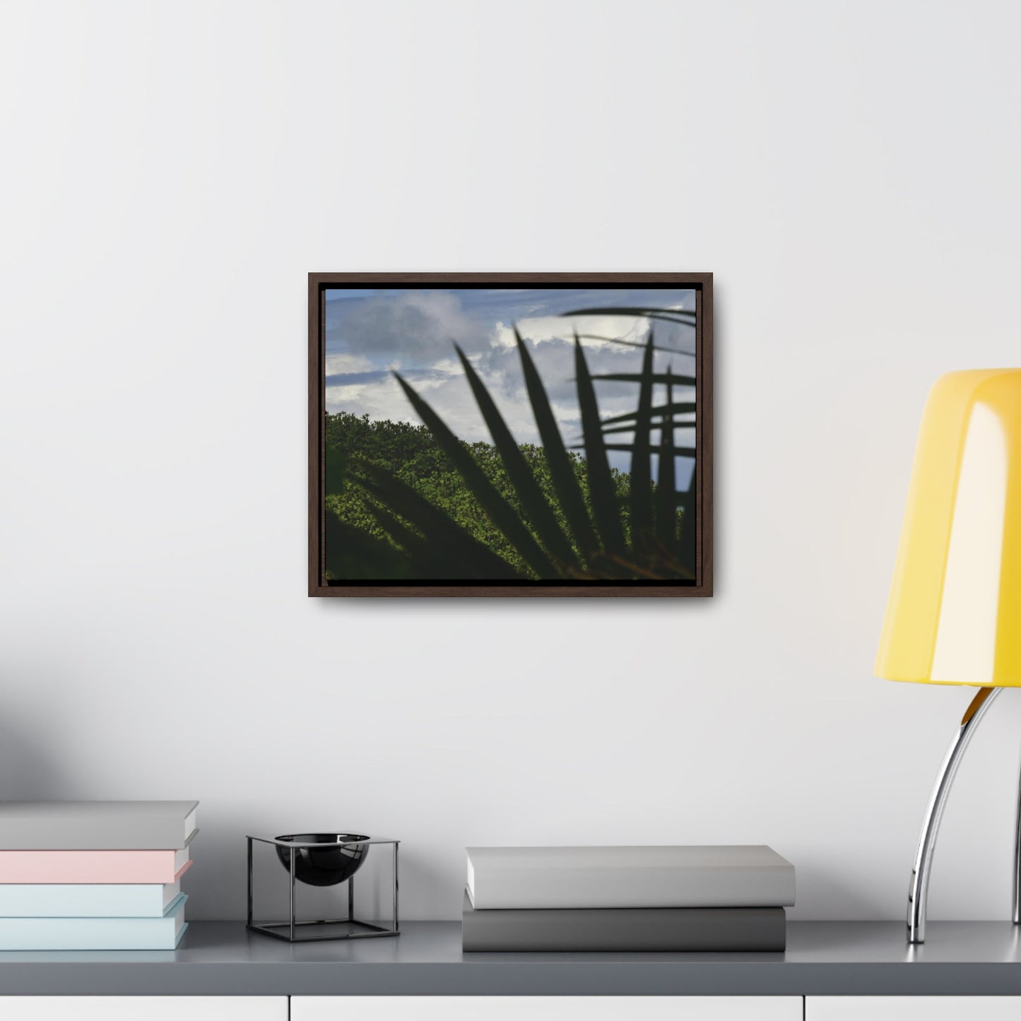 Rainforest Trails & Views - Gallery Canvas Wraps, Horizontal Frame - El Yunque National Forest - Puerto Rico - Outlines of a Sierra Palm branch & Leafs with mountain in background - Green Forest Home