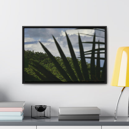 Rainforest Trails & Views - Gallery Canvas Wraps, Horizontal Frame - El Yunque National Forest - Puerto Rico - Outlines of a Sierra Palm branch & Leafs with mountain in background - Green Forest Home