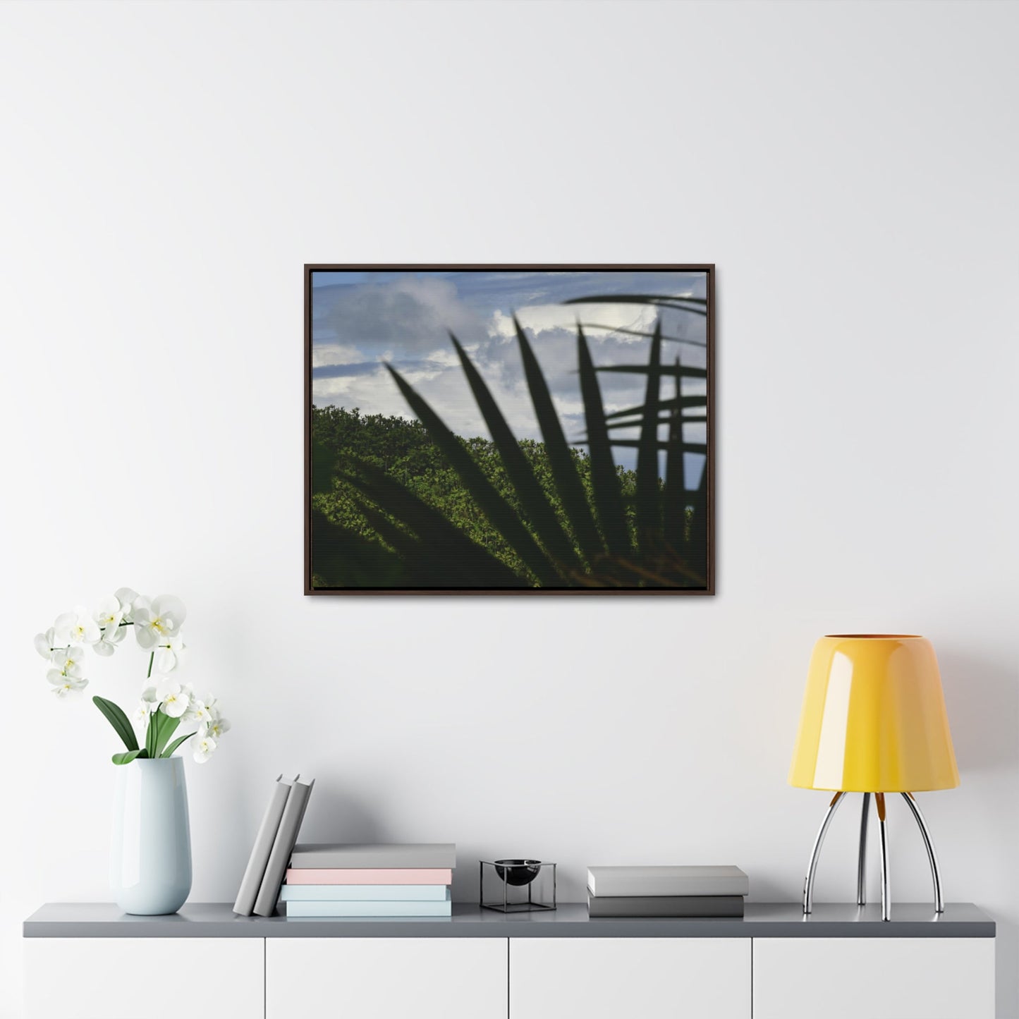 Rainforest Trails & Views - Gallery Canvas Wraps, Horizontal Frame - El Yunque National Forest - Puerto Rico - Outlines of a Sierra Palm branch & Leafs with mountain in background - Green Forest Home