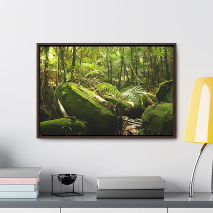 Rainforest Trails & Views - Gallery Canvas Wraps, Horizontal Frame - El Yunque National Forest - Puerto Rico - Rain-flattened boulders in the birth of Holy Spirit River - Green Forest Home