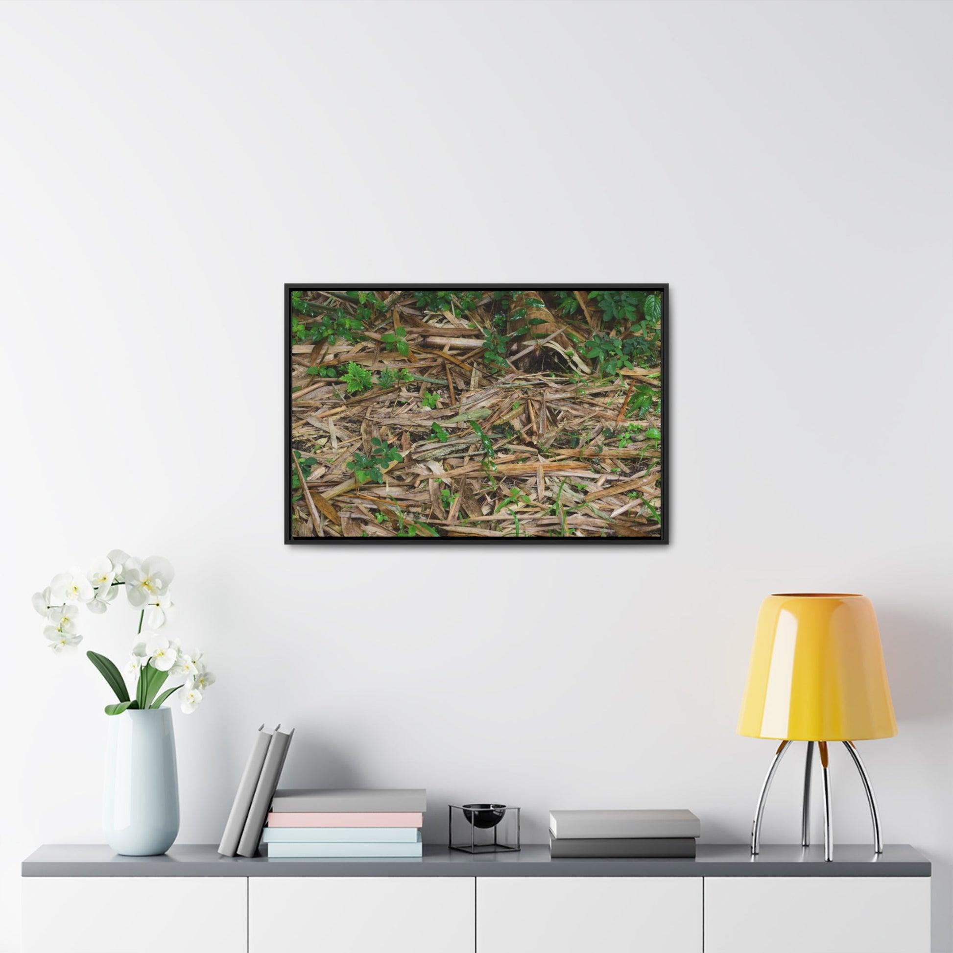 Rainforest Trails & Views - Gallery Canvas Wraps, Horizontal Frame - El Yunque National Forest - Puerto Rico - Rio Sabana trail - Bamboo leaves on the ground - Green Forest Home