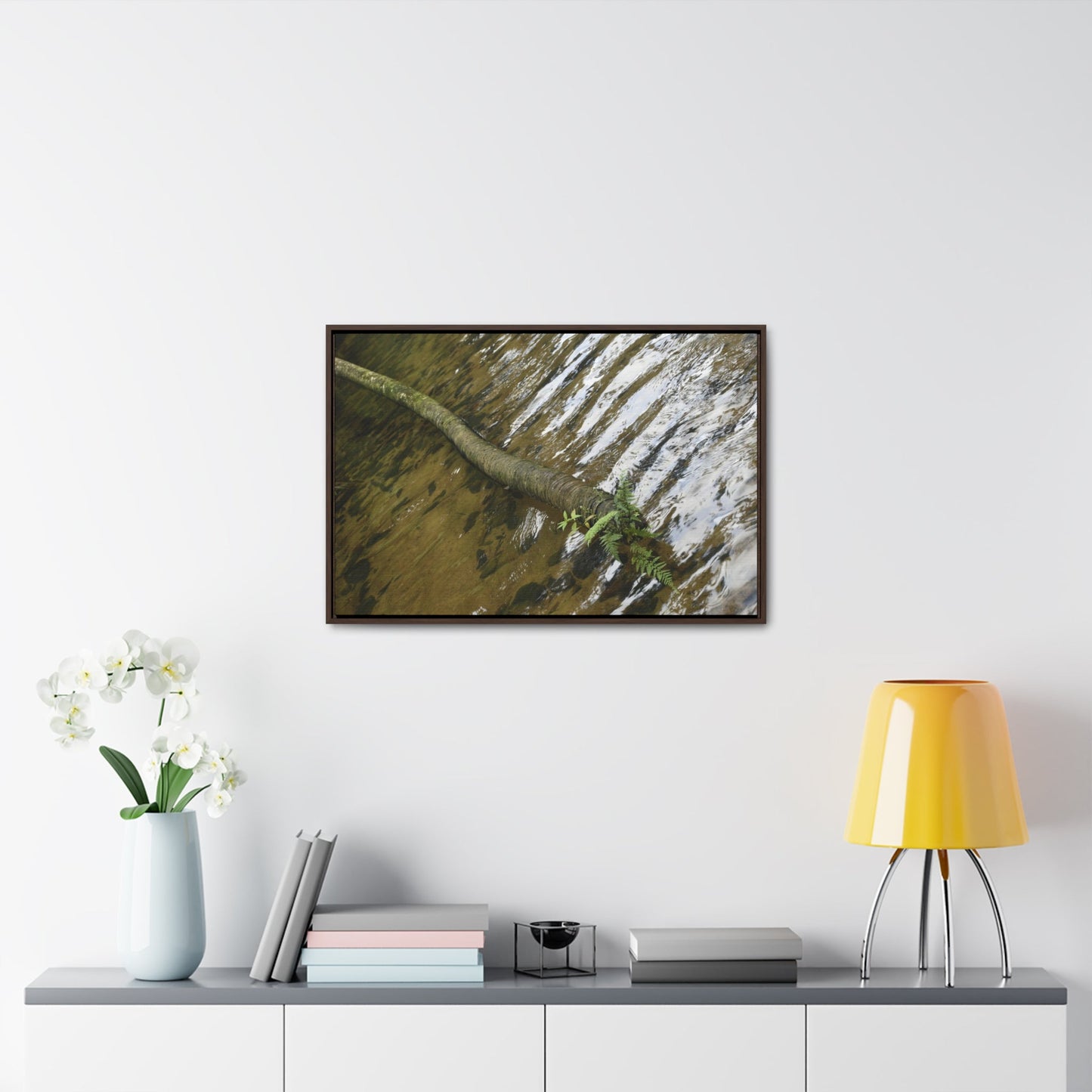 Rainforest Trails & Views - Gallery Canvas Wraps, Horizontal Frame - El Yunque National Forest - Puerto Rico - The pristine upper Rio Sabana river with a boulder with a micro-forest - Green Forest Home