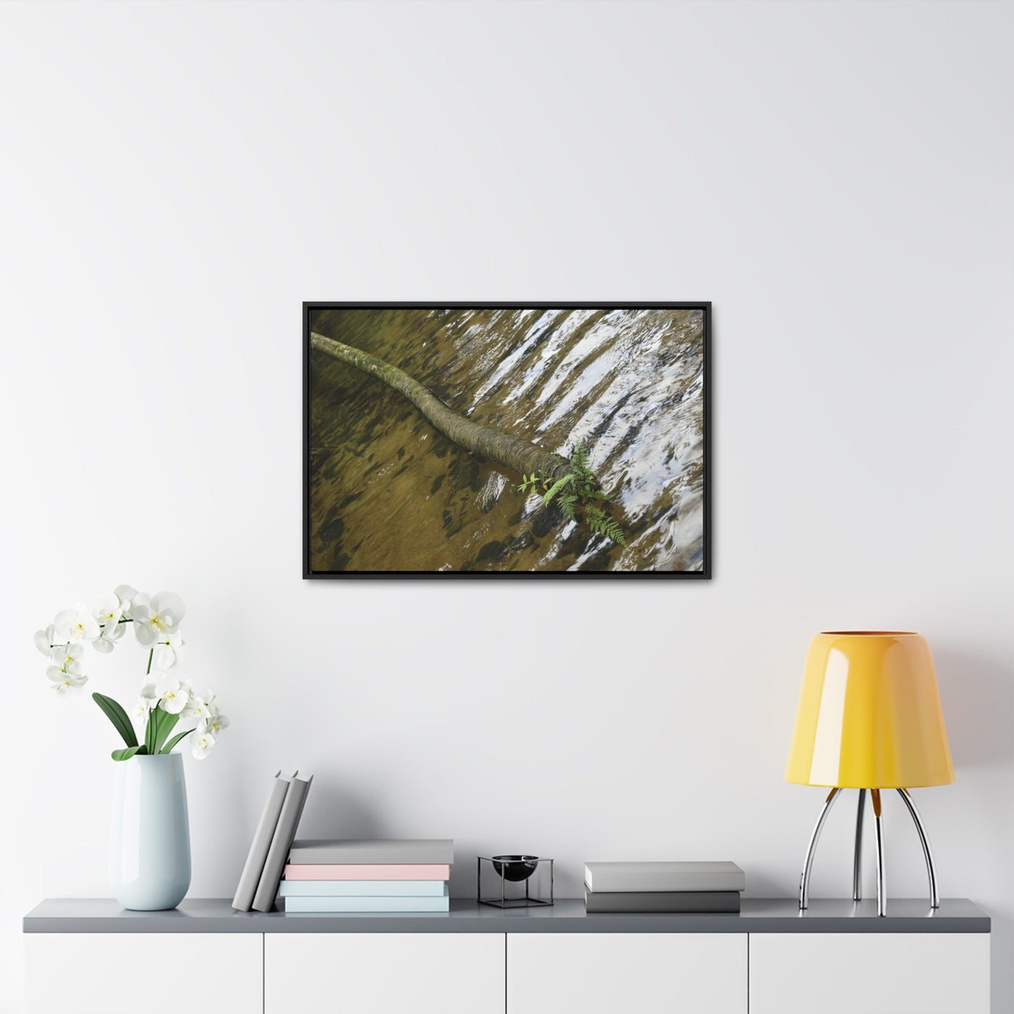 Rainforest Trails & Views - Gallery Canvas Wraps, Horizontal Frame - El Yunque National Forest - Puerto Rico - The pristine upper Rio Sabana river with a boulder with a micro-forest - Green Forest Home