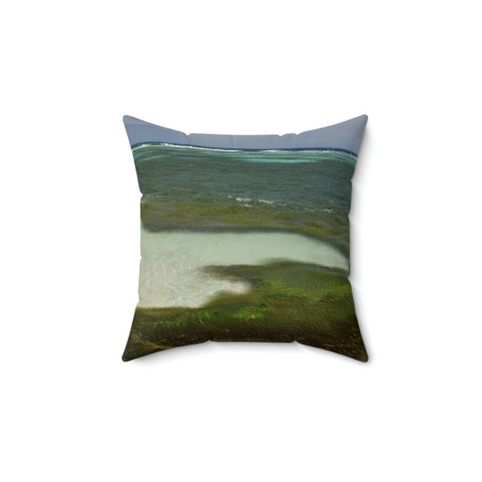 SUPER Spun Polyester Square Pillow - Remote & Pristine Mona Island near Puerto Rico - Pajaros beach green/brown algae near shore - US MADE - Green Forest Home