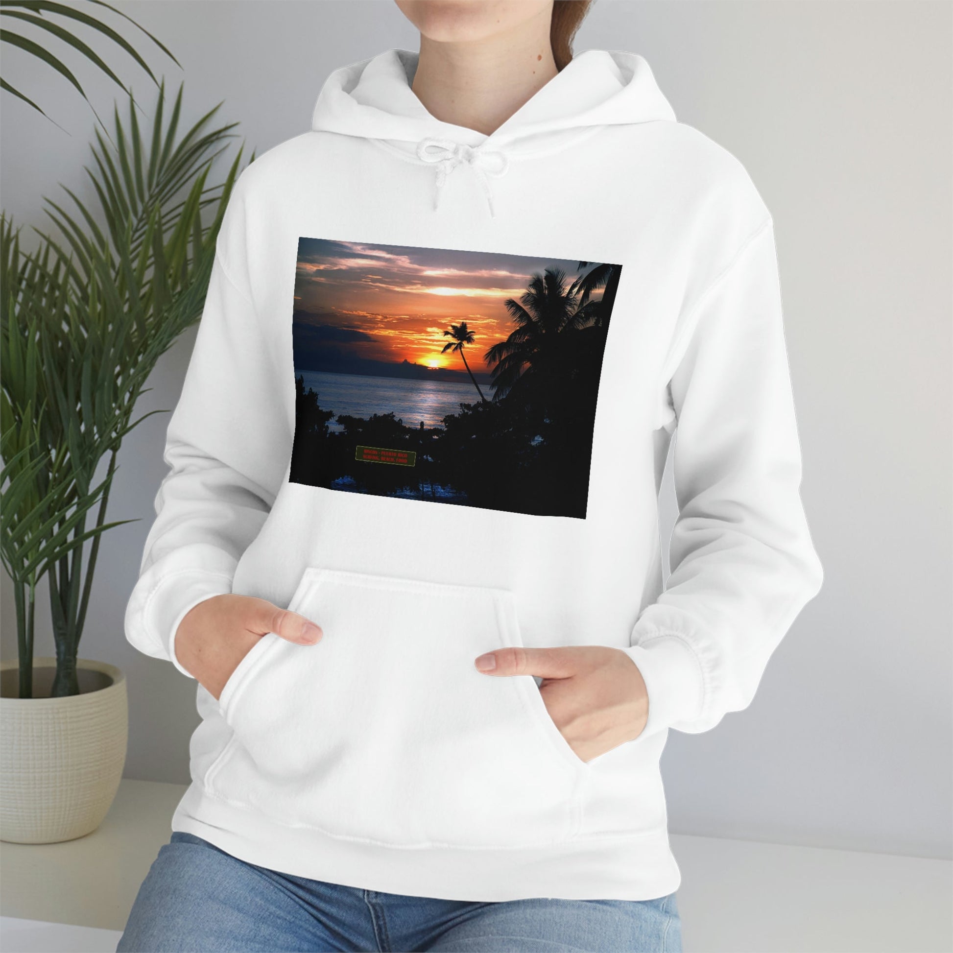 Unisex Heavy Blend Hooded Sweatshirt with Awesome RINCON BEACH in Puerto Rico - surfing, food, lodging, fun - Green Forest Home